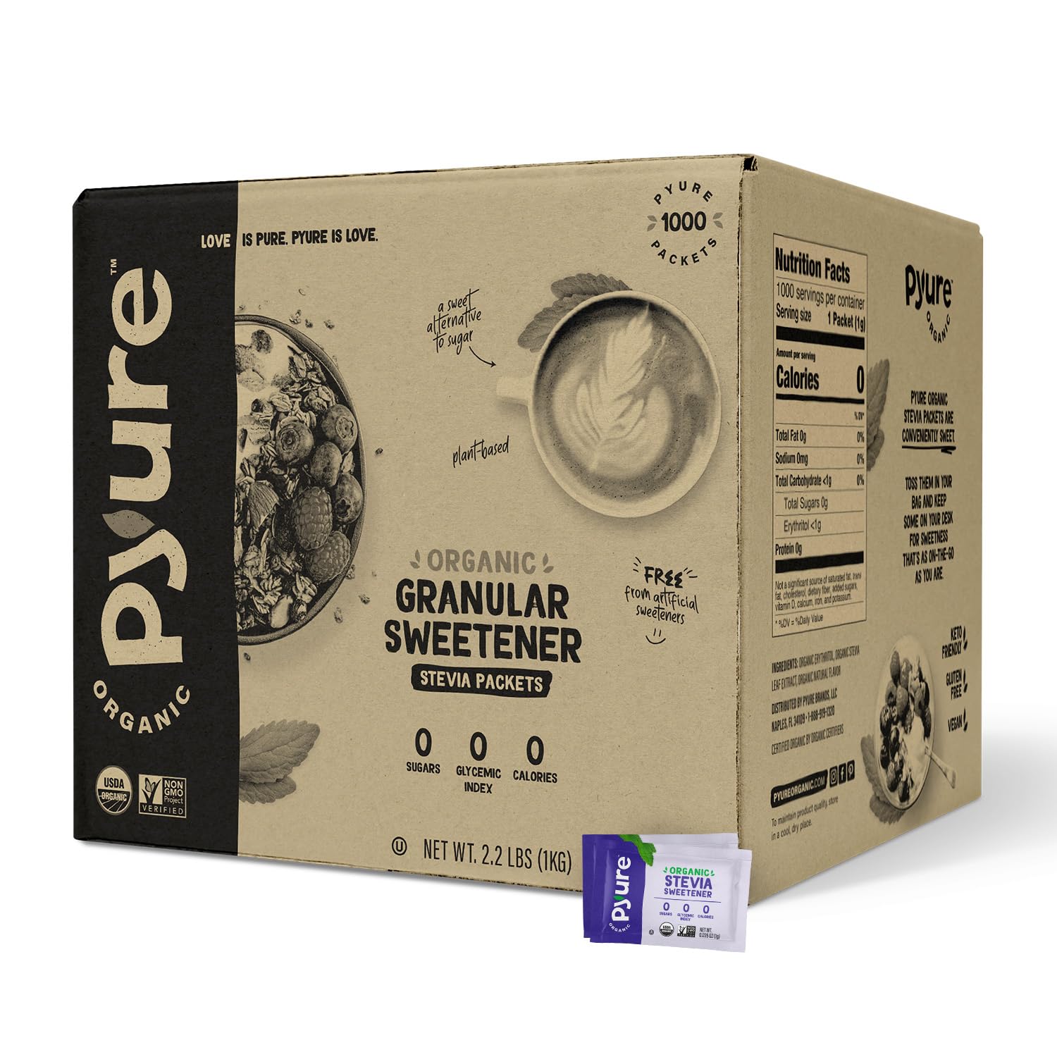 Pyure Organic Stevia Packets | Zero Calorie Sweetener for Coffee, and Baking | Granulated Stevia Sugar Substitute | Plant-Based, Keto, Diabetic & Paleo Friendly | USDA Organic, Non-GMO | 1000 Packets