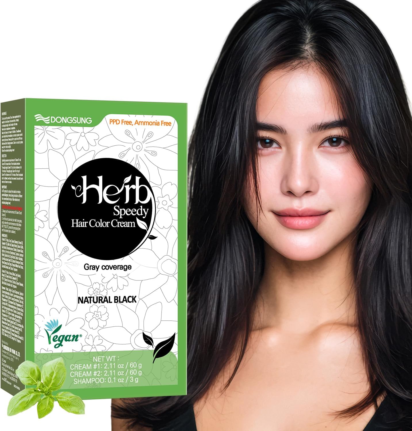 Herb Speedy Hair Color Cream PPD Free Hair Dye, Ammonia Free Hair Color, Vegan Odorless with Sun Protection - Natural Black