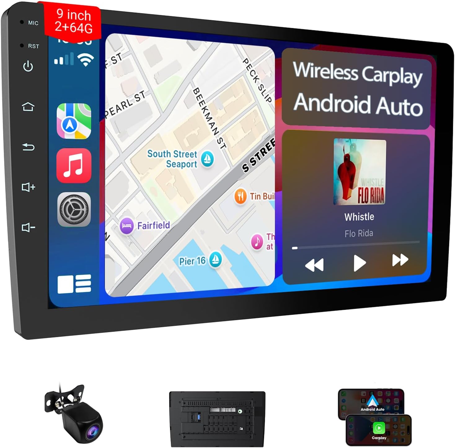 9 Inch 2 Din Car Stereo with Apple Carplay and Android Auto, HD Backup Camera, GPS Navigation, Bluetooth, Voice Control, Mirror Link, FM/AM/AUX, 25 Sets UI for All Vehicles - 2+64GB