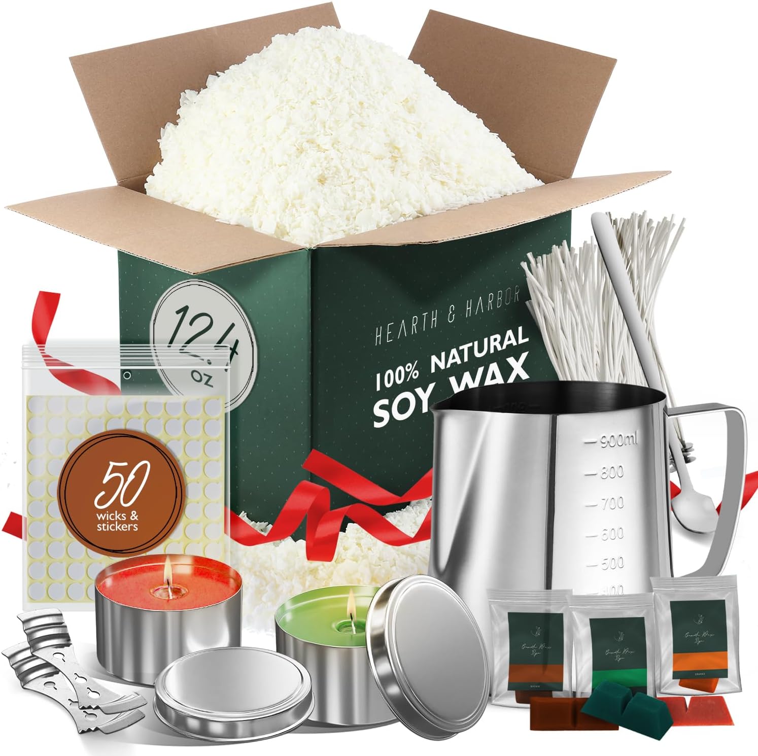 Hearth & Harbor Soy Wax for Candle Making - Natural Soy Wax Flakes, 12.4 oz Bag, 2 Candle Tins, 50 Cotton Wicks, 2 Centering Devices