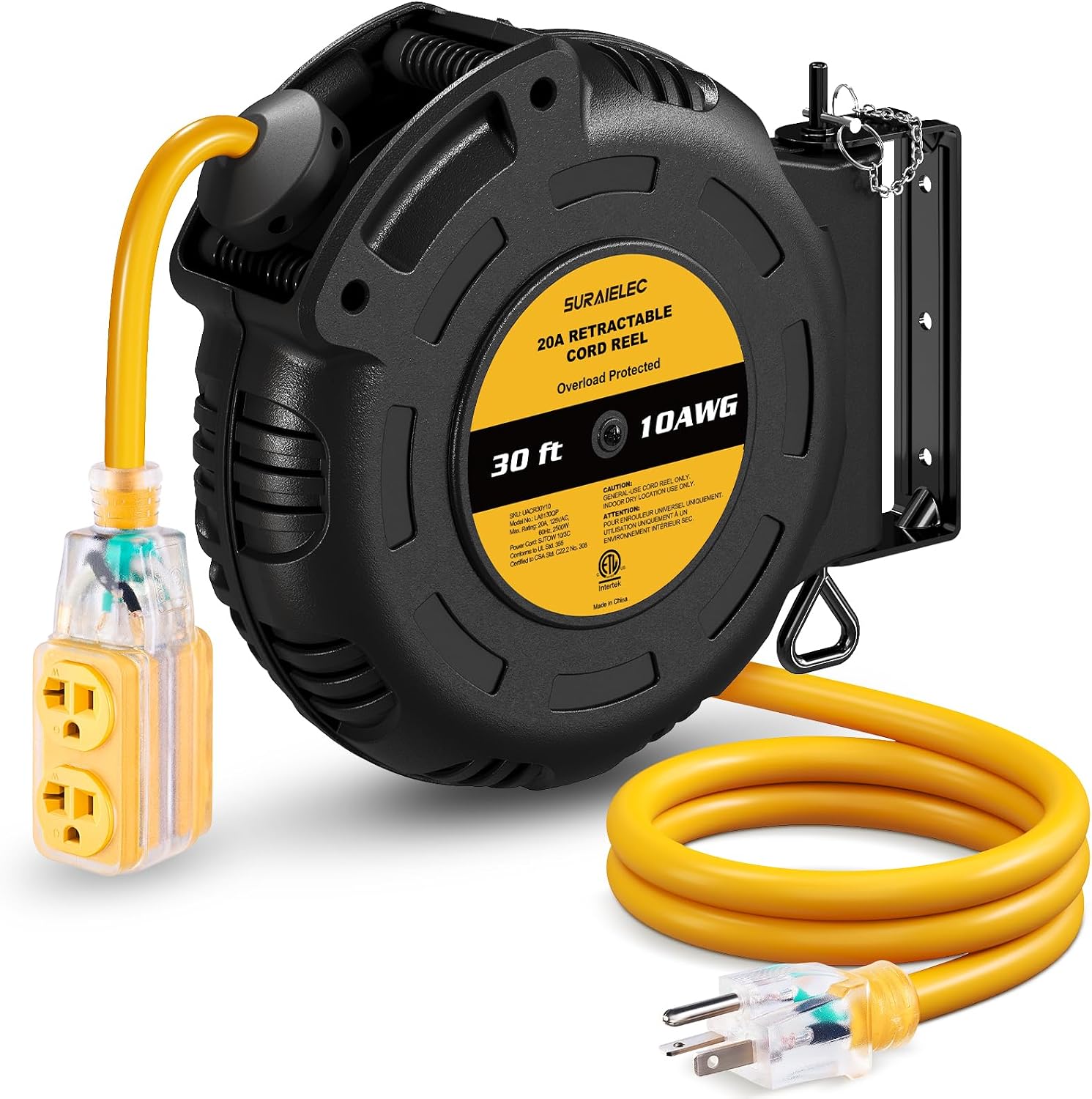 SURAIELEC 30FT Retractable Extension Cord Reel, 10AWG, 20A, ETL Listed | 10AWG/3C SJTOW Heavy-Duty Cord, 4 Lighted Grounded Outlets, Wall/Ceiling Mounting for High Power Equipment