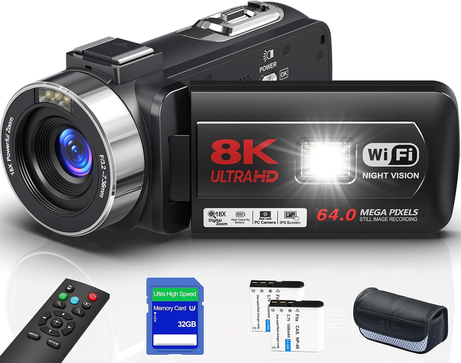 8K 64MP Video Camera Camcorder with IR Night Vision Vlogging Camera | 18X Zoom Digital 3.0 inch Touch Screen WiFi Camcorder for YouTube with 32G SD Card, 2.4G Remote Control, and Two Batteries
