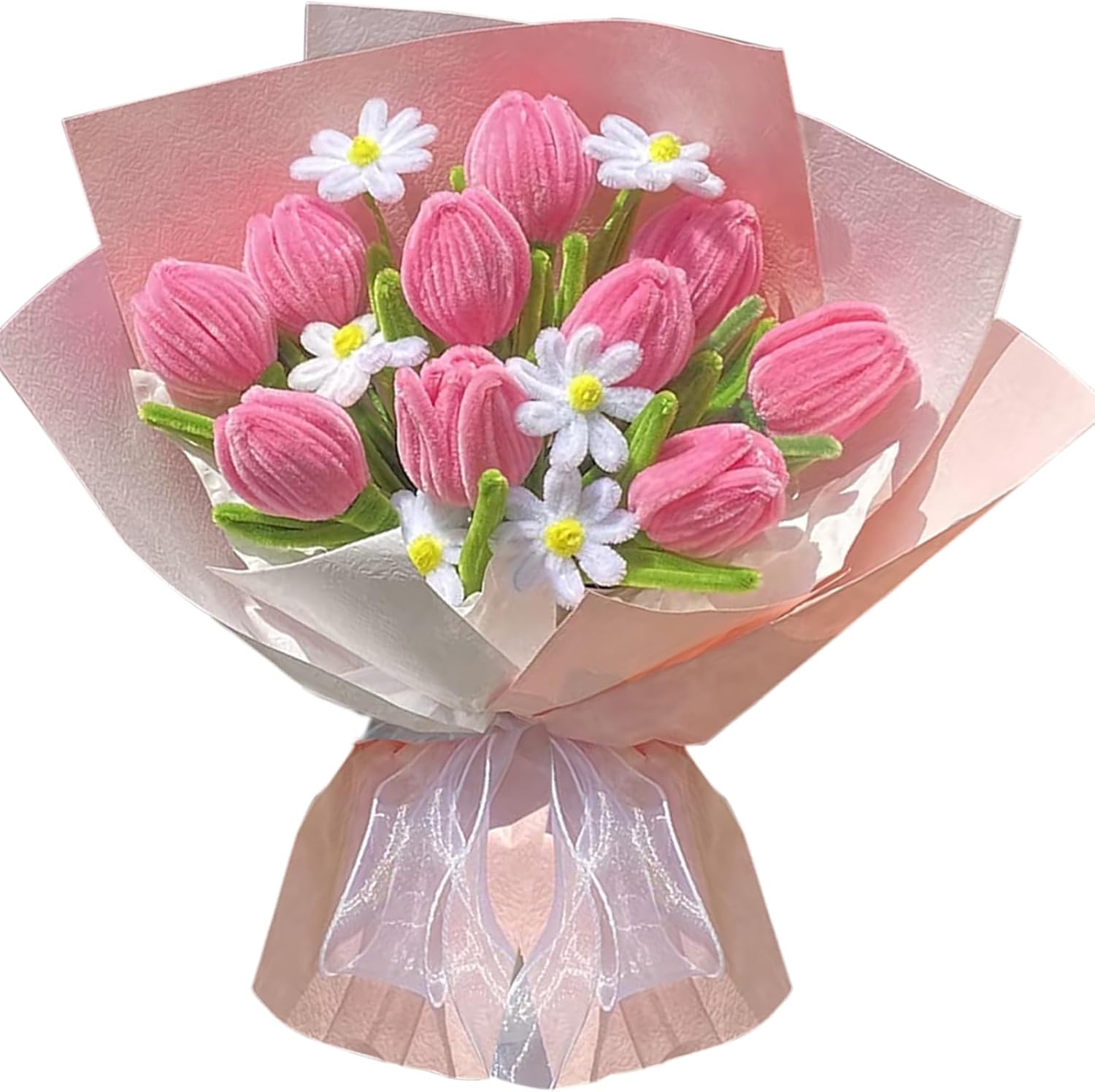 MACIOZE Pipe Cleaners Flowers Bouquet with Tulips, Daisy a Gift for Lover, Mother, Teacher, Friends,Handmade Chenille Stems Flowers, Artificial Flower Finished Bouquet (Pink)