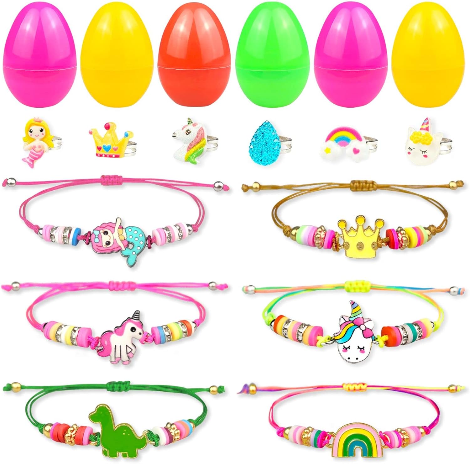 Easter Basket Stuffers for Girls Kids Prefilled Girls Easter Eggs Filled 6 Pack Eggs with Colorful Bracelet and Ring Inside Plastic Easter Eggs Stuffers Easter Toys for Kids Toddler Easter Gifts