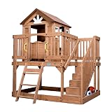 Backyard Discovery Scenic Heights Elevated Cedar Wooden Kids Playhouse with Play Kitchen, Wrap-Around Deck, Toy Storage Bench, Saloon-Style Doors, Ladder, Stairs, and Growth Chart for Outdoor Play