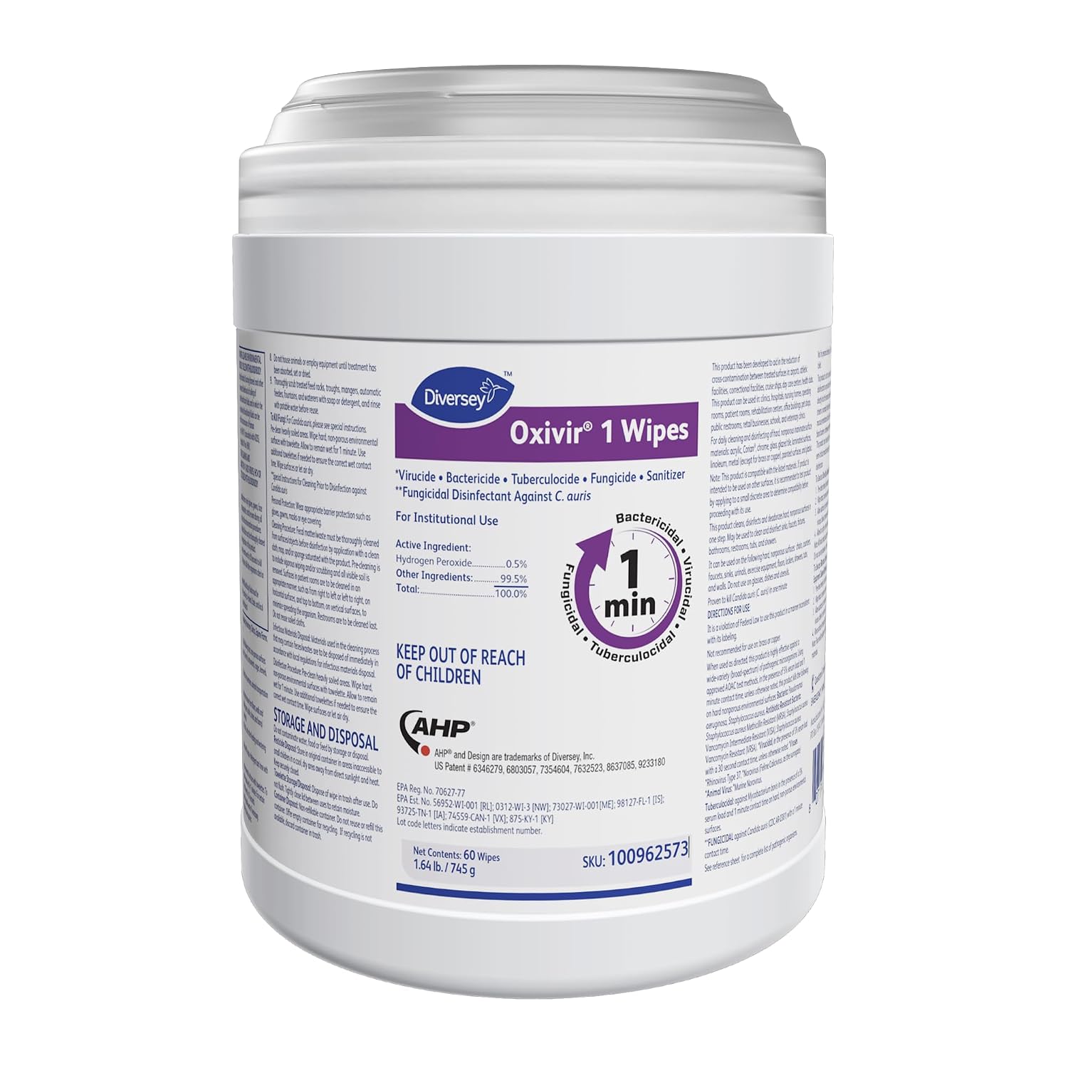 Oxivir Diversey 1 100962573 Disinfectant Cleaning Wipes, Pre-Moistened with Accelerated Hydrogen Peroxide AHP, Unscented, 60 Large 10x10-Inch Wipes, 1-Canister