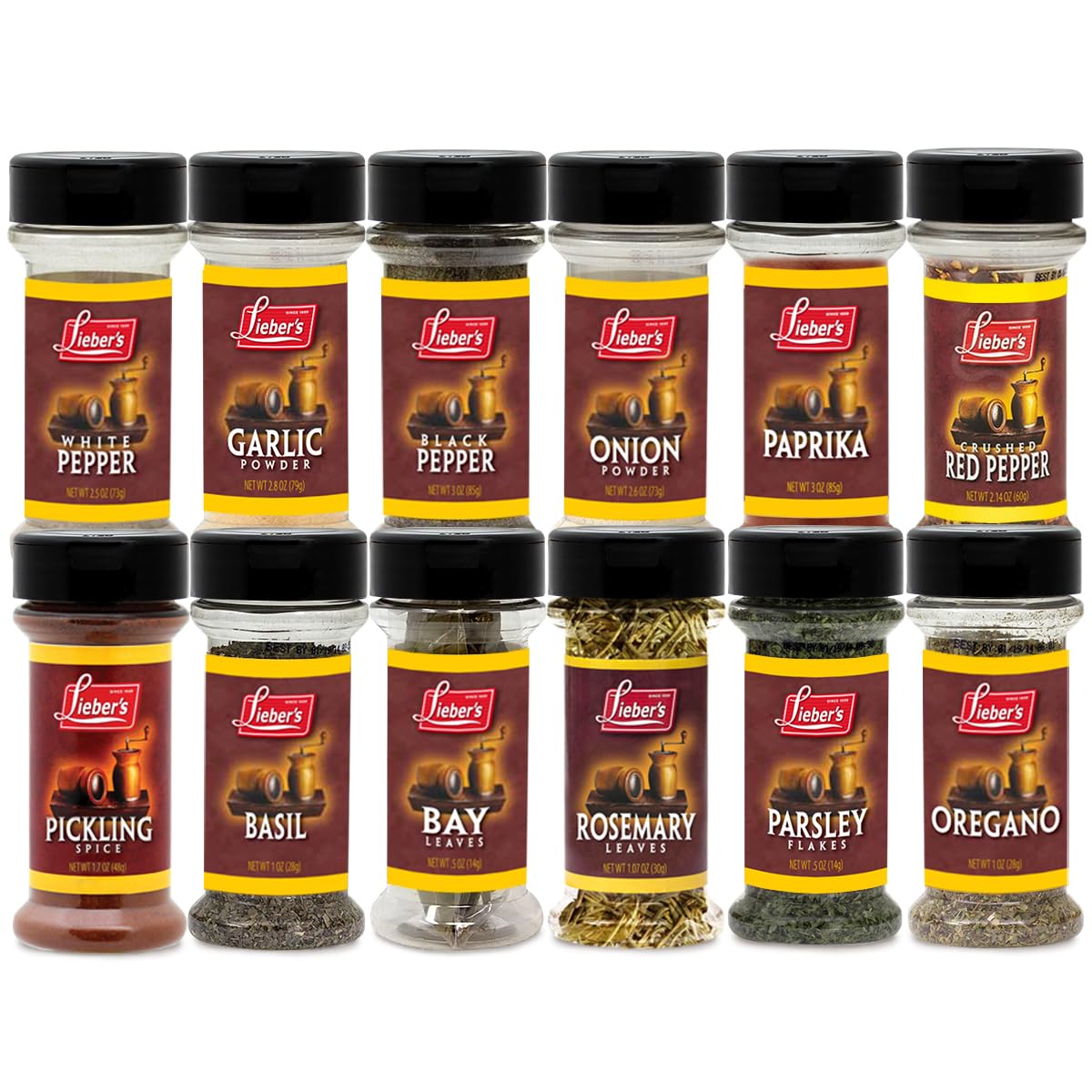 Lieber's Spice Set, Starter Seasoning & Herb 12 Piece Gift Set, Onion & Garlic Powder, Black, White, Crushed Red Pepper, Paprika, Oregano, Basil, Parsley, Bay, Rosemary, Pickling Kosher, Made in USA