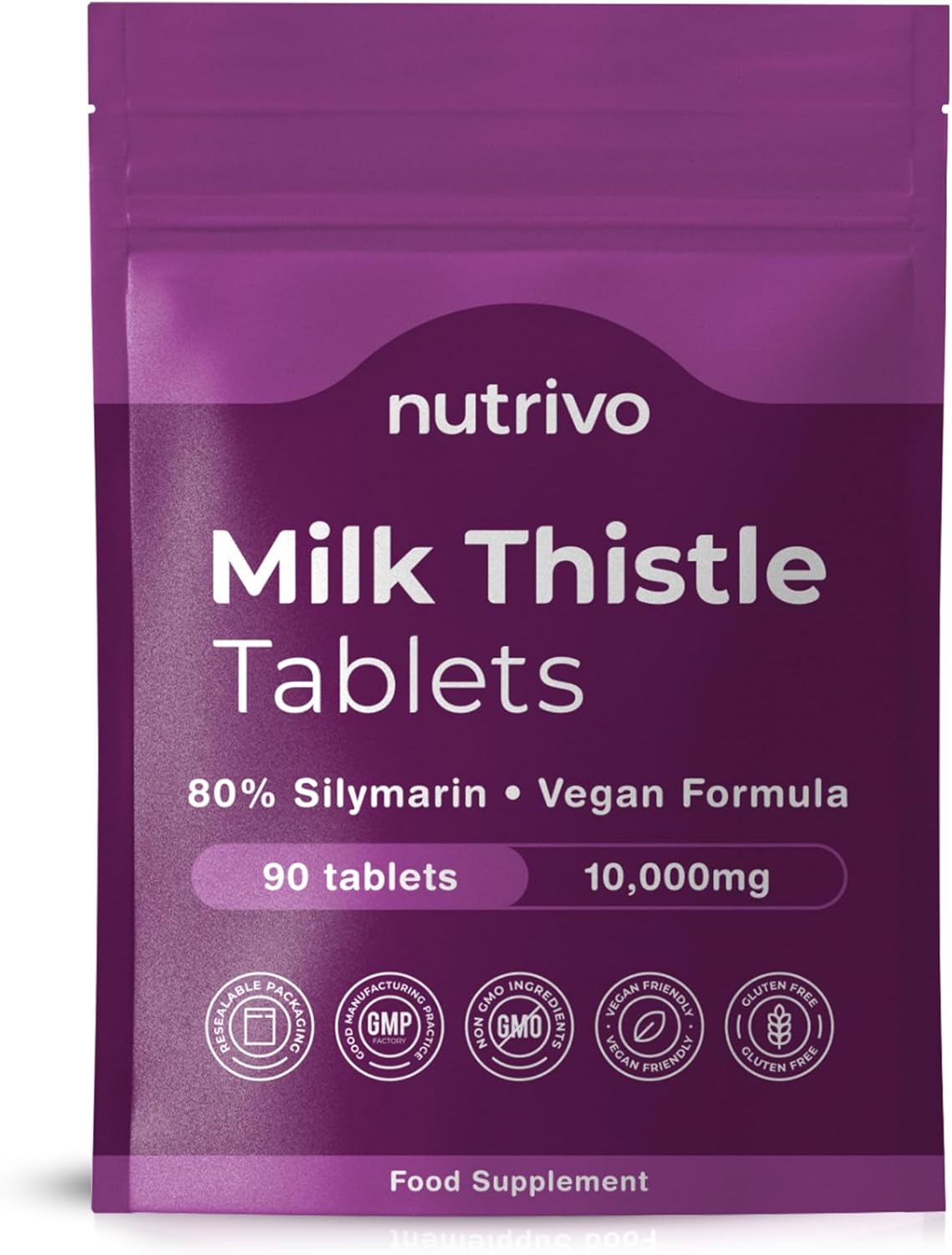 Nutrivo Milk Thistle High Strength Tablets 10,000mg & 80% Silymarin Per Serving | 90 Tablets | Milk Thistle Herbal Supplement | Good Alternative to Capsules, Drops and Tincture | Vegan & UK Made