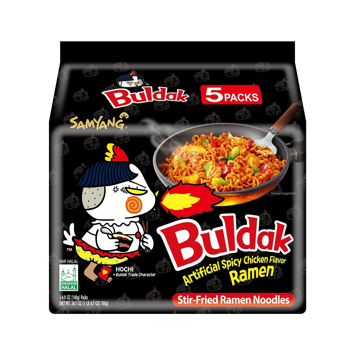 Samyang Spicy Chicken Ramen Roasted Noodles, Buldak Artificial Spicy Chicken flavor 4.94 oz (5 Packs) Black