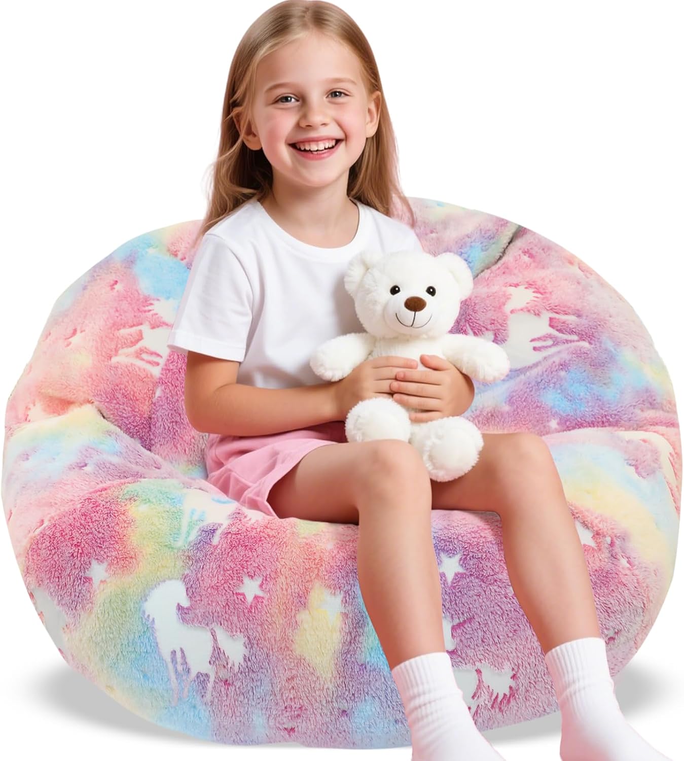 Bean Bag Cover, Kids Bean Bag without Filling, Rainbow Unicorn Beanbags for Children, Flannel Comfortable & Safe Kids Sofa, Stuffed Animal Storage Baby Bean Bag Chair, Bedroom Furniture