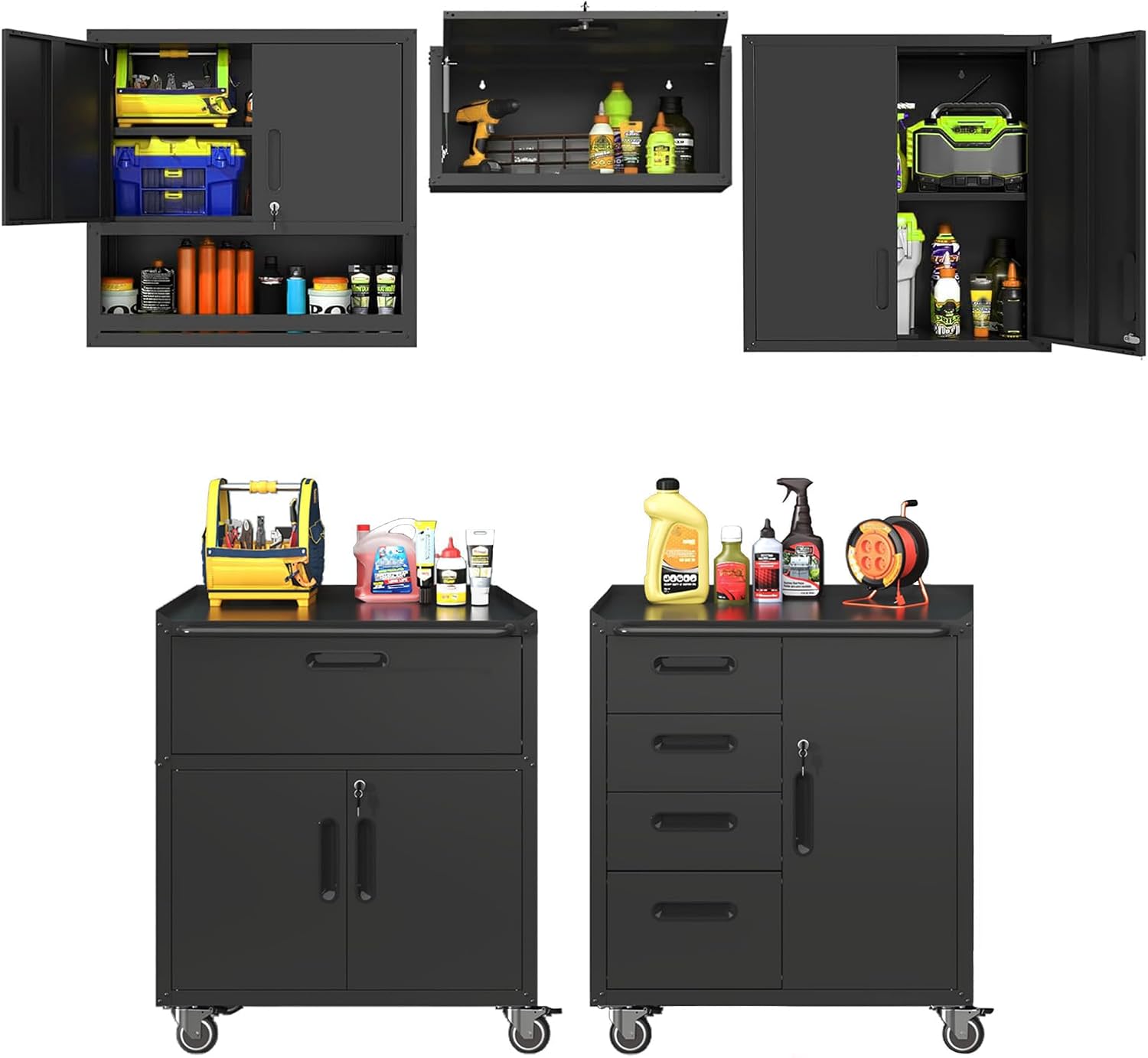 Garage Storage Cabinet System 5pcs Heavy Duty Workshop Set Wall Cabinet Lockable Rolling Tool Cabinets with Adjustable Shelves Metal Garage Storage Cabinets, Assembly Required