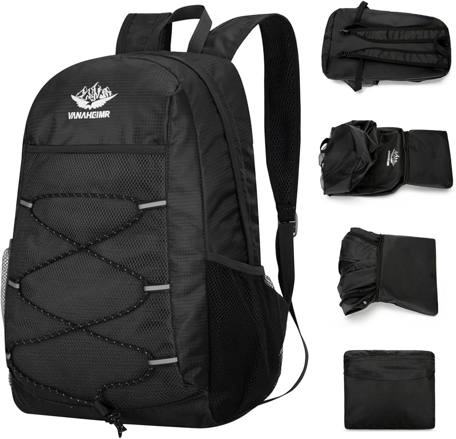 25 – 35 Litres Trekking Backpack, Ultralight Foldable Waterproof Travel Backpack Men Women Backpack with Reflective Stripes for Hiking, Camping, Cycling, Climbing, Black, 25L