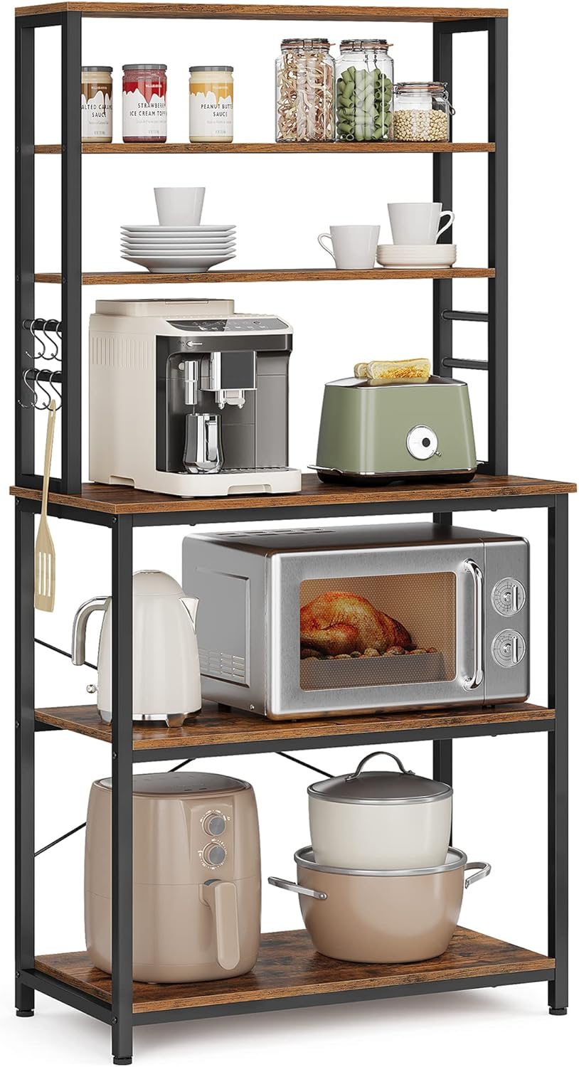VASAGLE Kitchen Storage Rack, Coffee Bar, Baker’s Rack, Total 6 Shelves and 6 Hooks, for Microwave, Steel Frame, Industrial, 40 x 80 x 167 cm, Rustic Brown and Black KKS019B01
