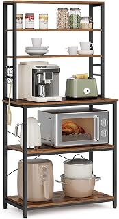 VASAGLE Coffee Bar, 31.5 Inches Baker's Rack for Kitchen with Storage, 6-Tier Kitchen Shelves with 6 Hooks, Microwave Stand, Industrial, Rustic Brown and Black UKKS019B01