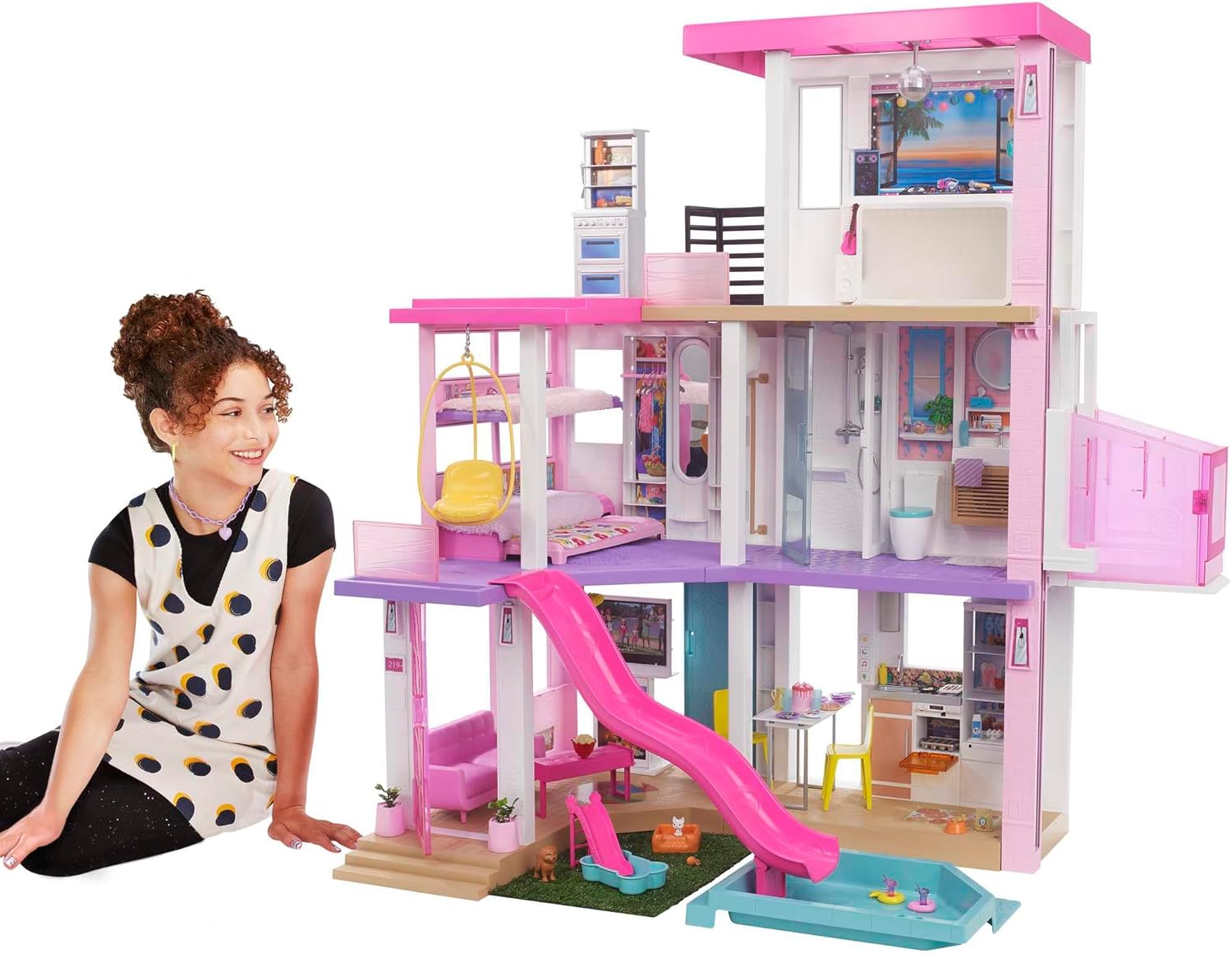 Barbie Dreamhouse (3.75-ft) 3-Story Dollhouse Playset with Pool & Slide, Party Room, Elevator, Puppy Play Area, Customizable Lights & Sounds, 75+ Pieces, Gift for 3 to 7 Year Olds (Amazon Exclusive)