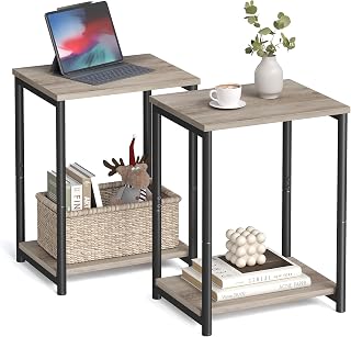 VASAGLE Side Tables Set of 2, Small End Table, Nightstand for Living Room, Bedroom, Office, Bathroom, Greige and Black ULET272B02