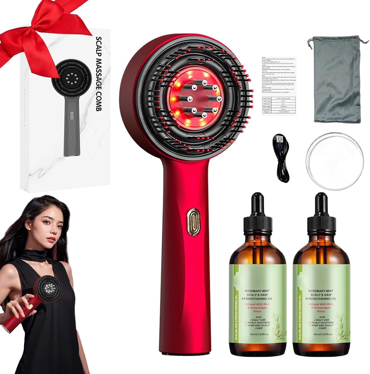 Red Hair Massager, Scalp Massager, Multi-Function Electric Scalp Massage Comb for Hair, Cordless Waterproof Oil Diffuser Massage Comb (Set Red)