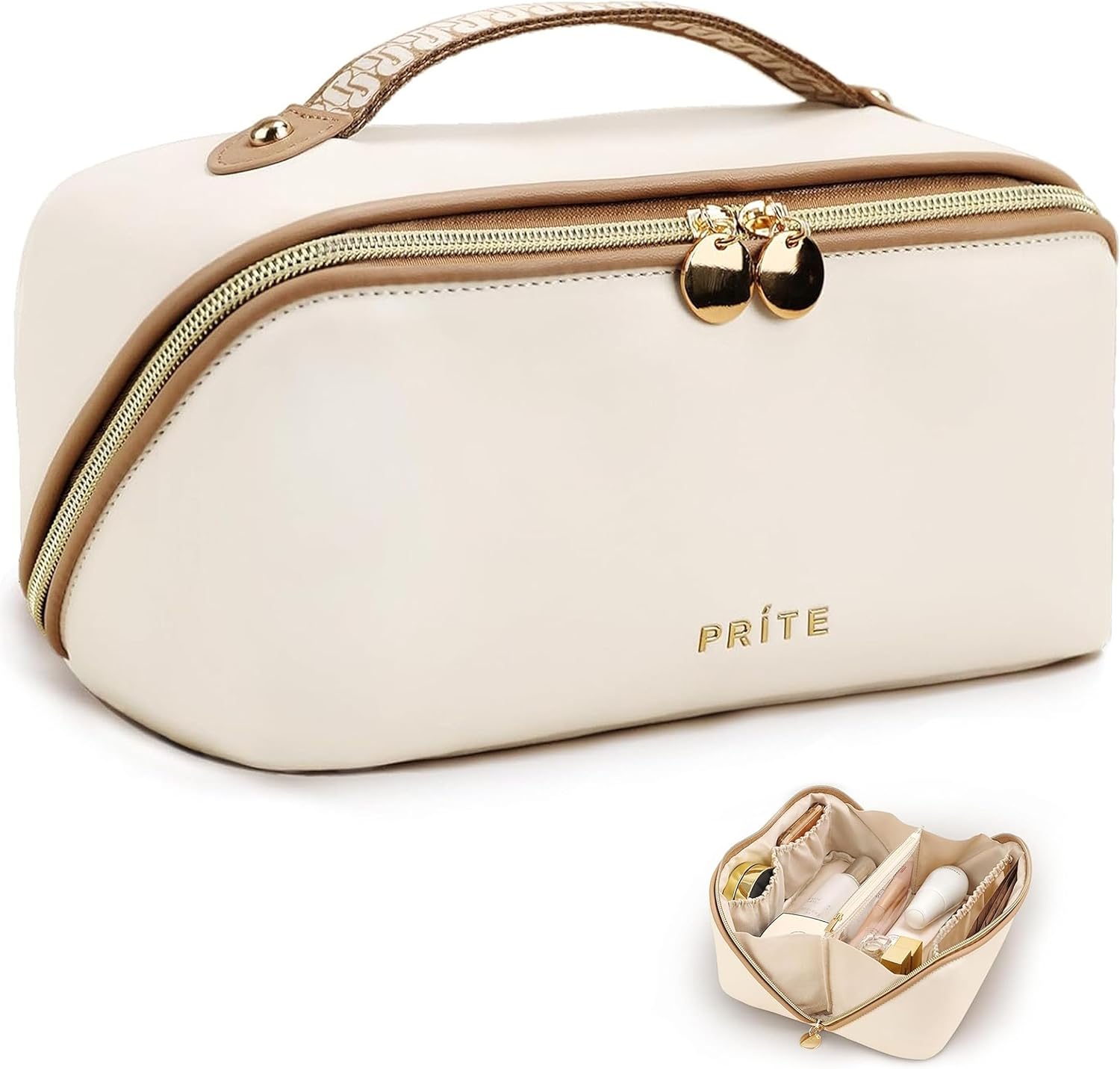 Prite Large Capacity Makeup Bag Portable Travel Cosmetic Bag Waterproof Toiletry Case with Clear Divider and Handle (Beige)