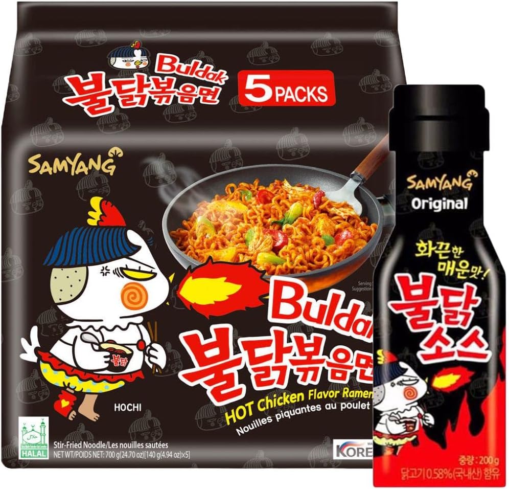 Samyang Buldak Hot Chicken Ramen Spicy Fire Noodle Ultimate Challenge - 5 Packs Original Noodles & 1 Bottle Fire Sauce