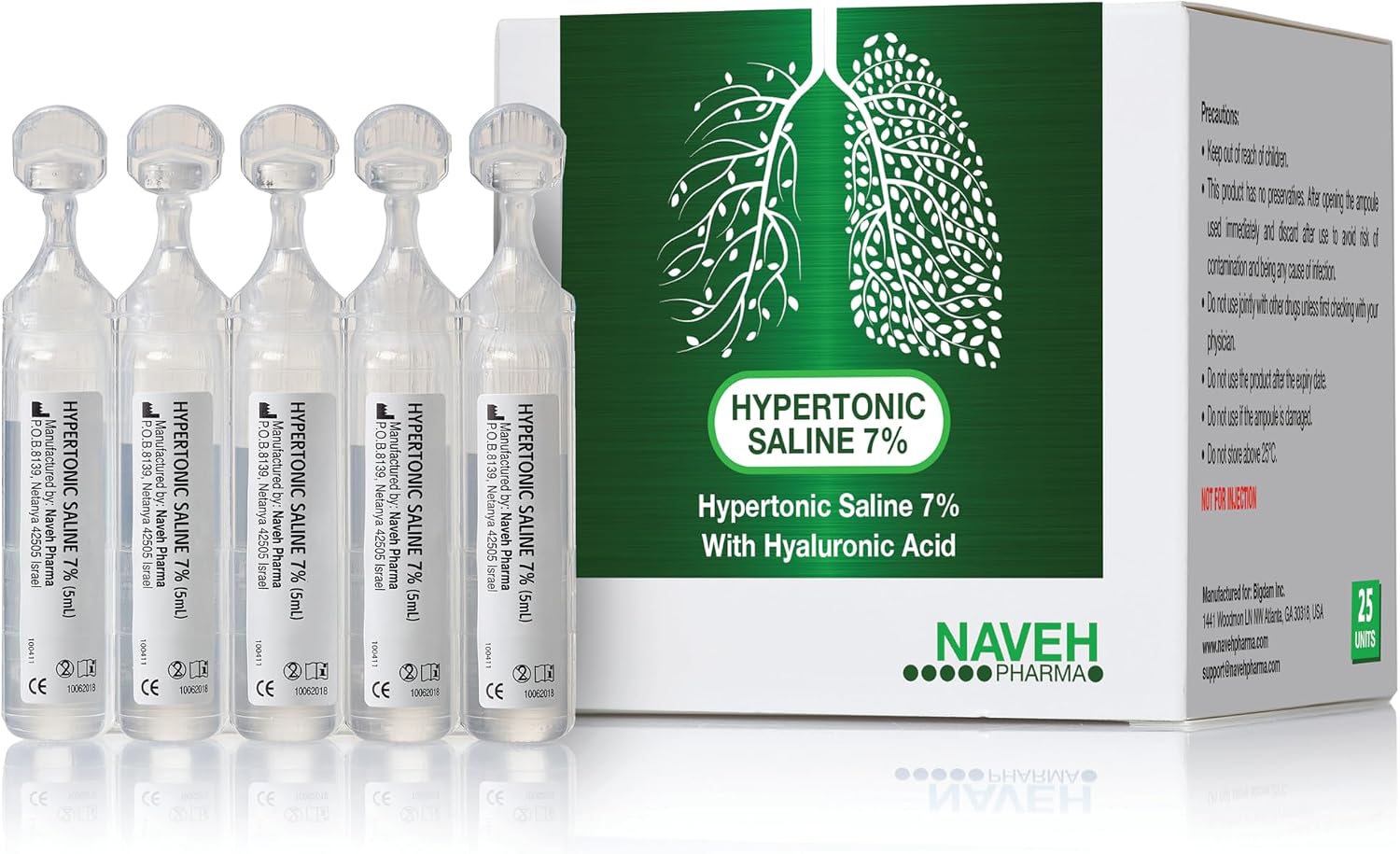 NAVEH PHARMA | Hypertonic Saline Solution 7% + Hyaluronic Acid | Nebulizer Diluent for inhalators and Nasal Irrigation | Helps Clear Congestion from Airways & Lungs (25 Sterile Bullets of 5ml)