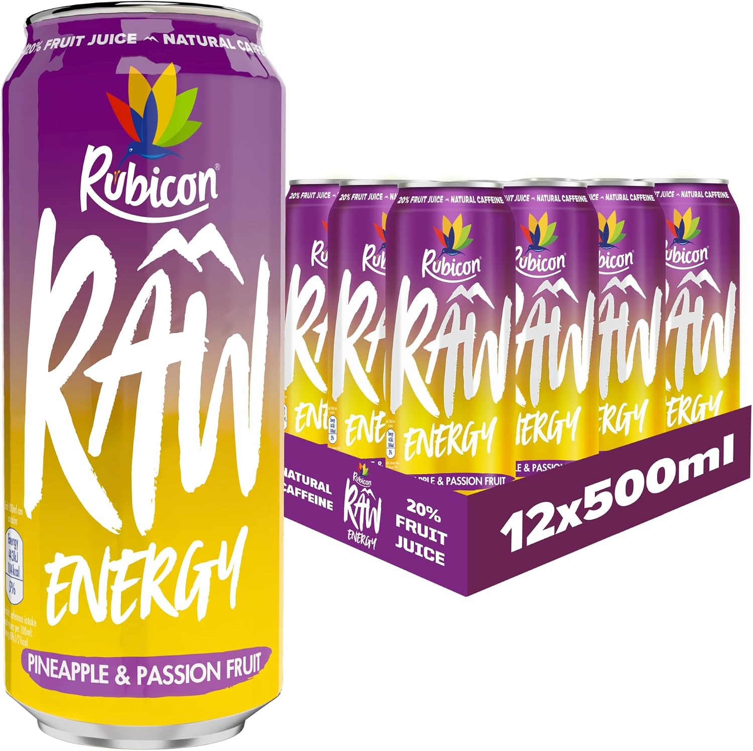 Rubicon Raw Pineapple Passion Energy Drink, 12 Pack, 500ml Cans | Natural caffeine energy drink crafted with 20% real fruit juice in pineapple passion fruit flavour.