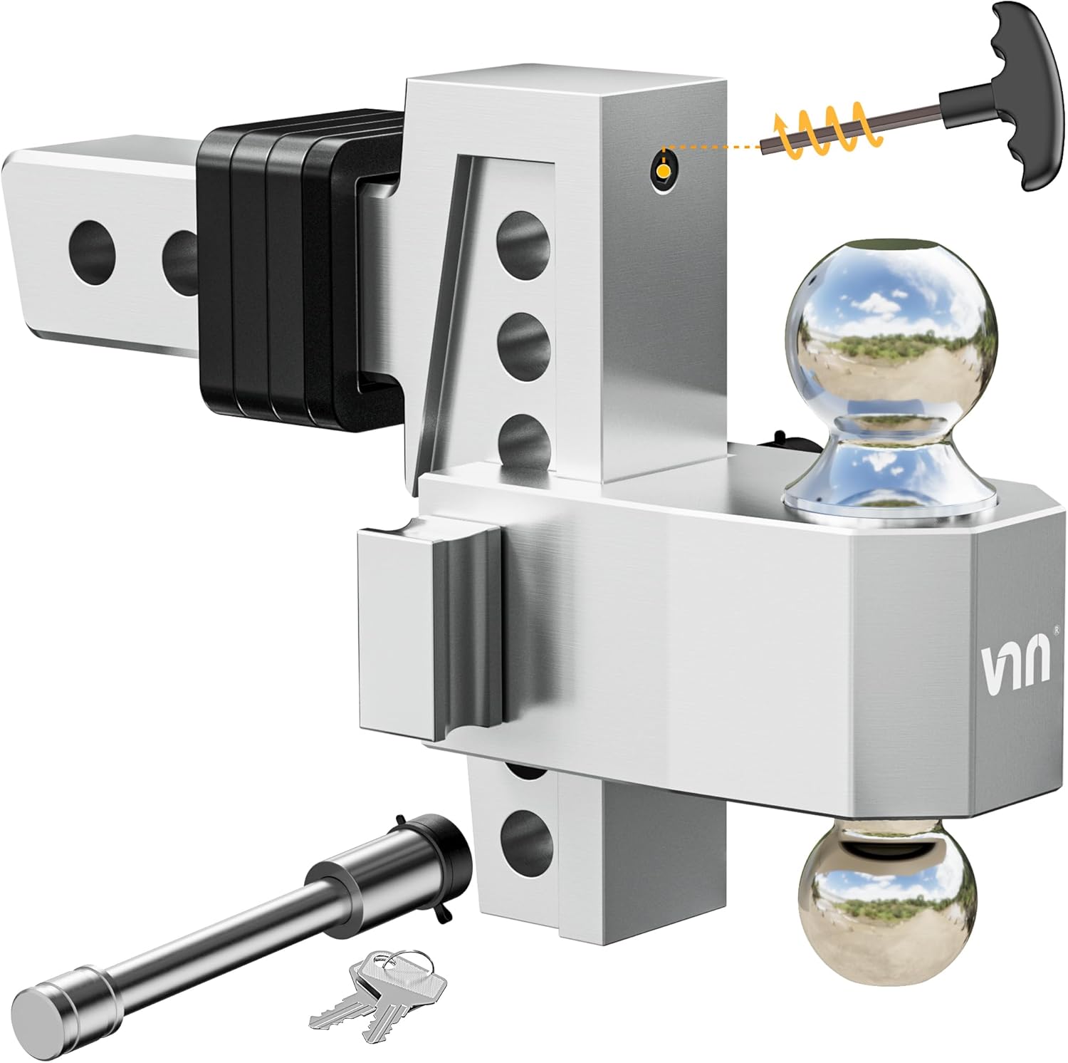 VNN Adjustable Trailer Hitch with 6-Inch Drop – Dual-Ball (1-7/8" & 2") Hitch for 2-Inch Receiver, 10,000 lbs GTW, Heavy-Duty Ball Mount – Silver (VN0003)