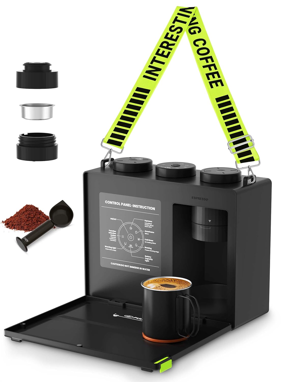Candyโข Portable Espresso Coffee Maker with Strap for Travel, 3 in 1 One-Touch Operation, Rechargeable Up to 60 Cups(Cold), for Ground, Ideal for Camping, RV & Outdoor Use, Fast Heating in Plug-in Mode