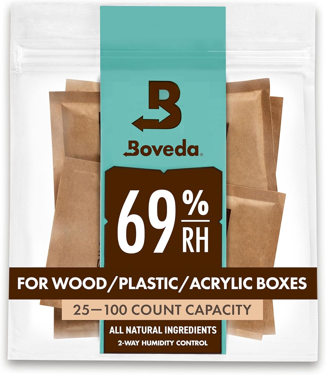 Boveda 69% Two-Way Humidity Control Packs For Plastic, Wood Containers, & Zip Lock Bags – Size 60 – 4 Pack – Moisture Absorbers – Humidifier Packs – Hydration Packets in Resealable Bag