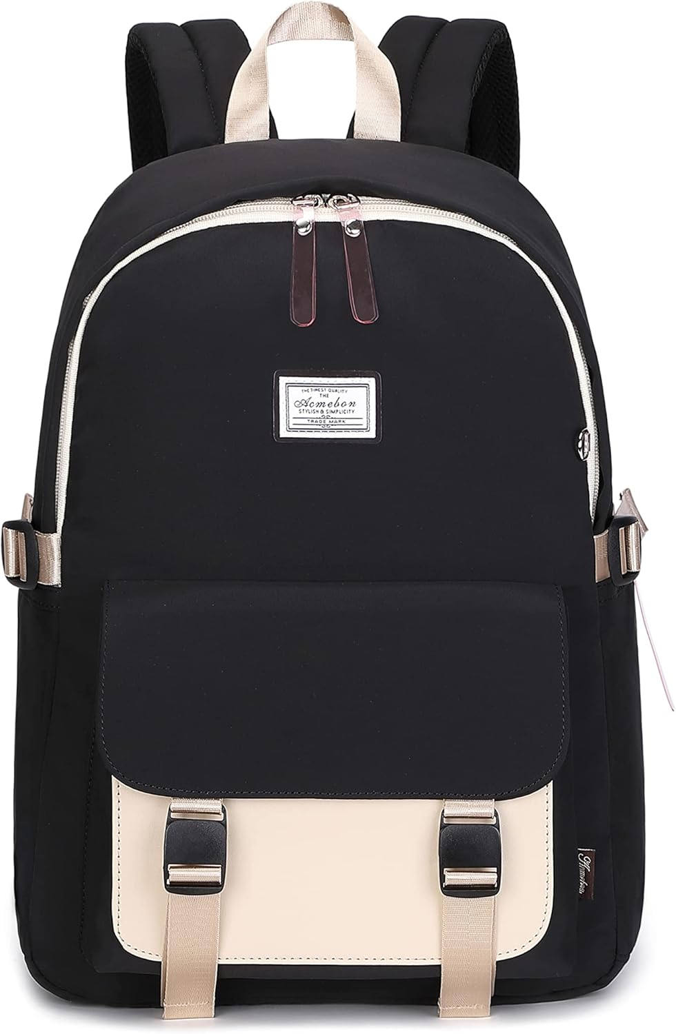 Acmebon Teen Girl Backpack for School Women Casual Backpack Purse Black with Khaki