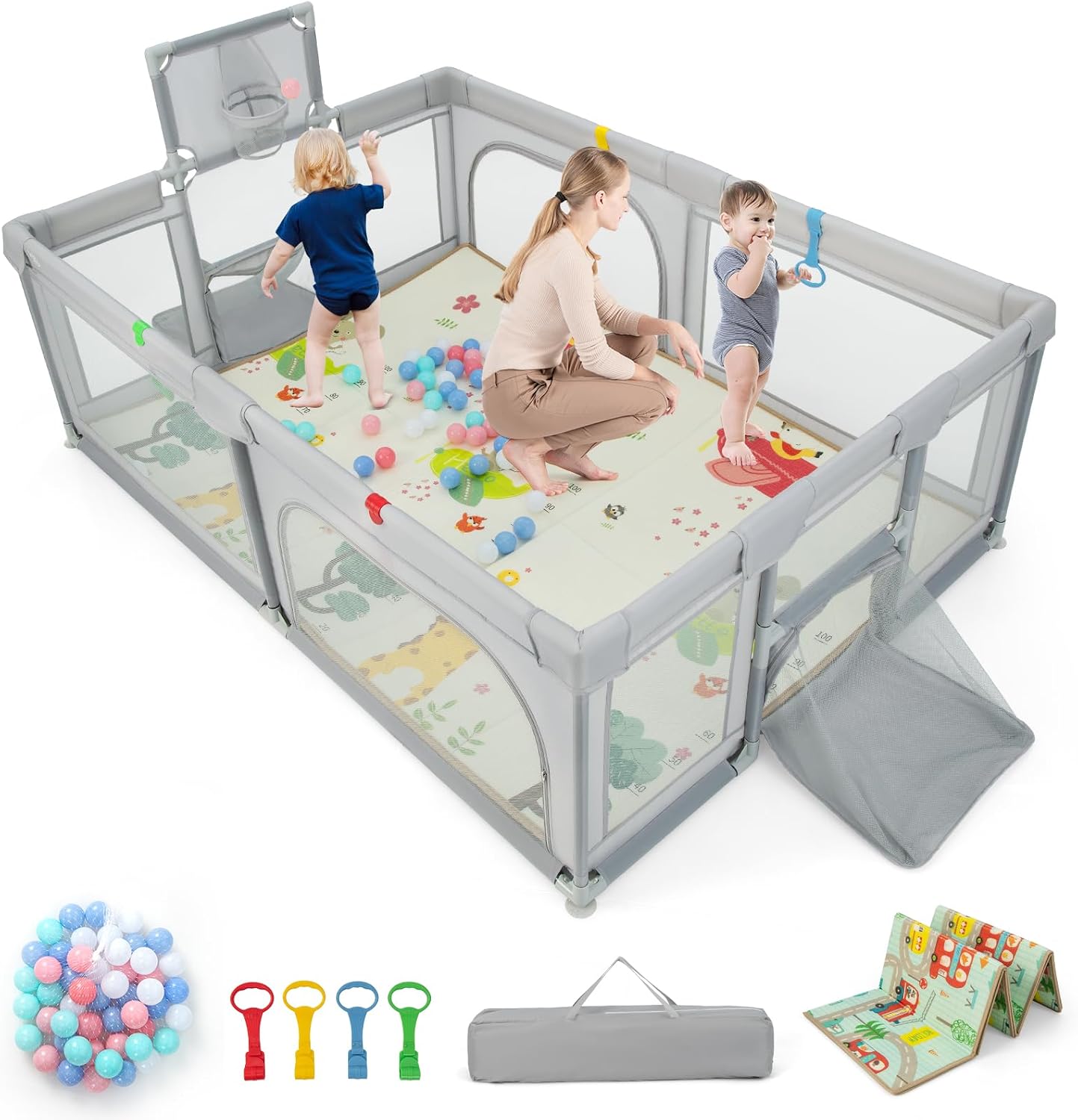 COSTWAY Baby Playpen, Toddler Mesh Play Pen with Mat, Pull Rings, Basketball Hoop, Football Nets, Ocean Balls, Indoor Outdoor Safety Playard for Babies and Toddlers (Light Gray, 207 x 142cm)