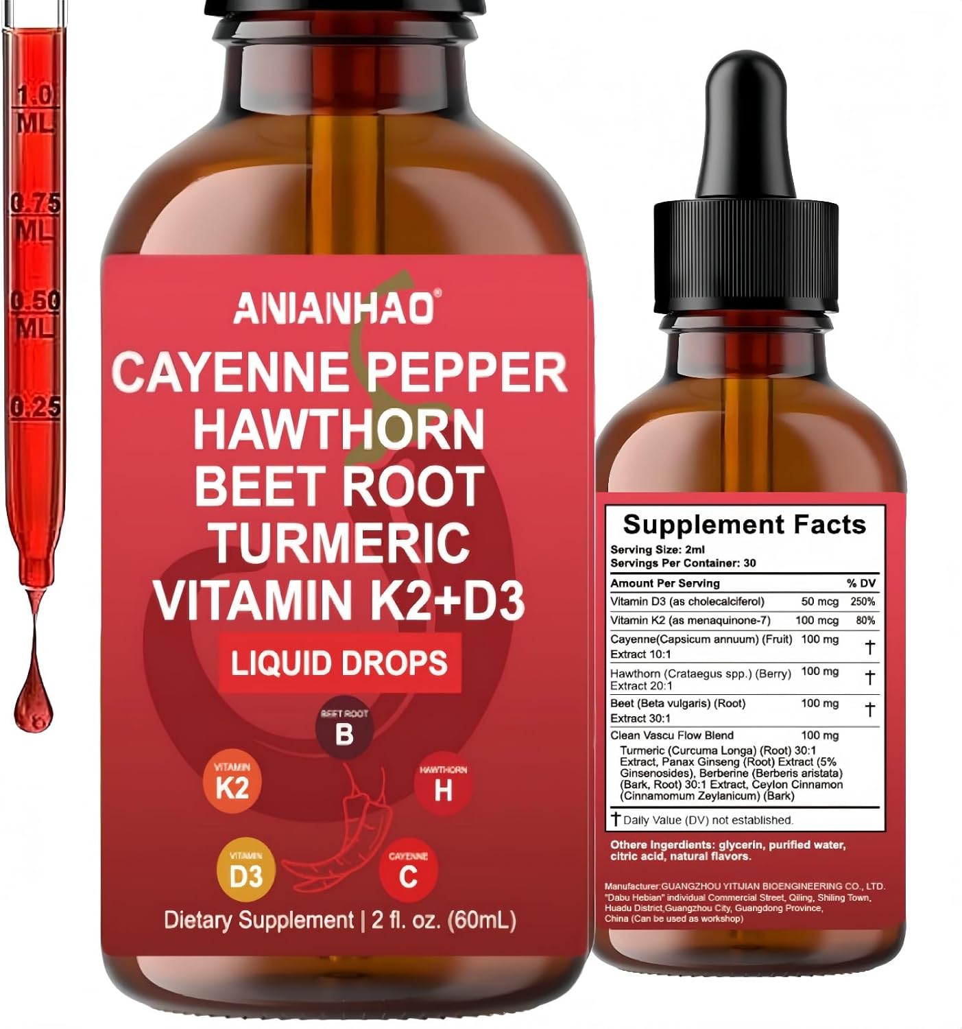 Cayenne Pepper 60ml (1 Month Supply) - Cayenne Pepper Supplement Liquid Drops - with Hawthorn & Vitamin D3 K2 Beet Root Powder - Suitable for Vegan Vegetarian Halal & Kosher Diet