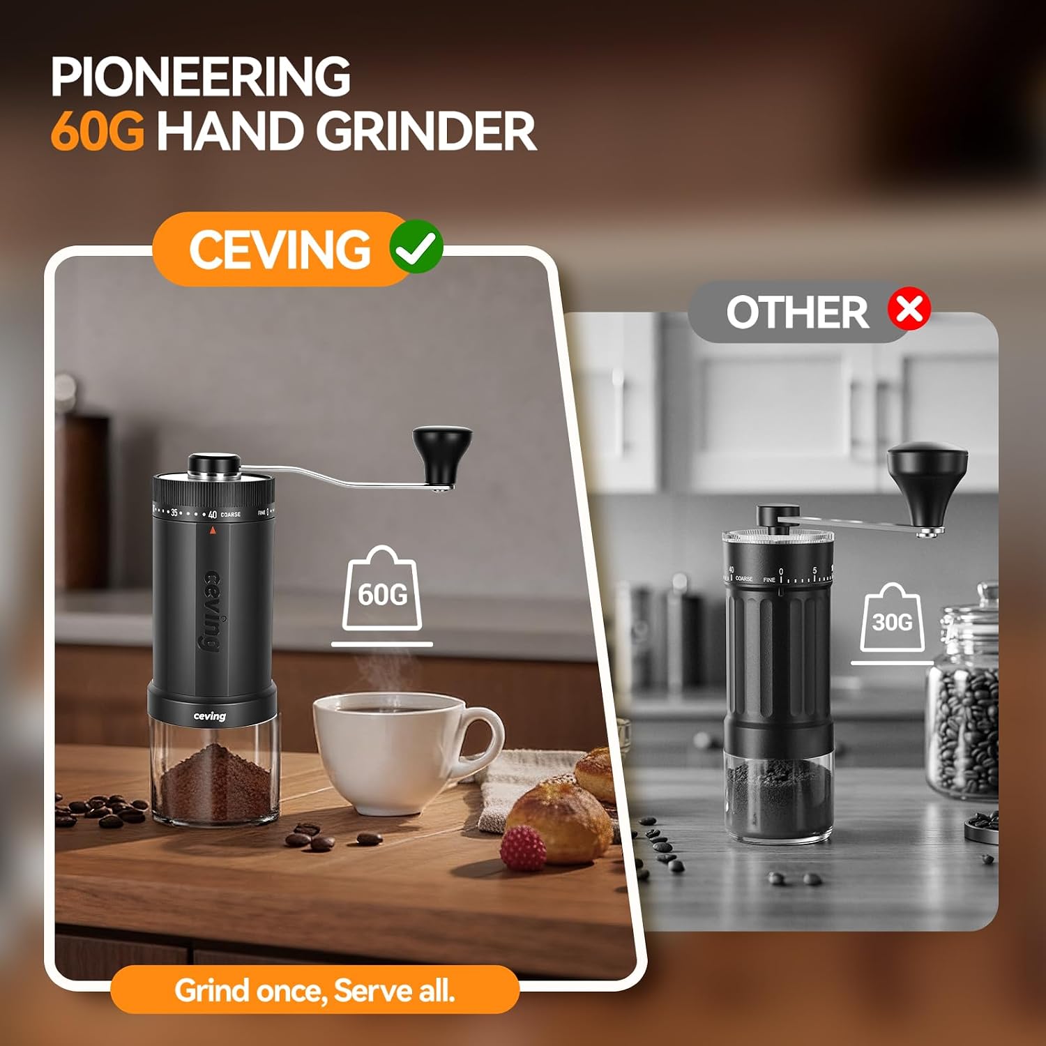CEVING World's First 60g Large Capacity Manual Coffee Grinder,Gray | 40 External Settings, Portable Hand Coffee Bean Mill with Ceramic Conical Burr for Travel, Camping, Drip, Pour Over & Gift