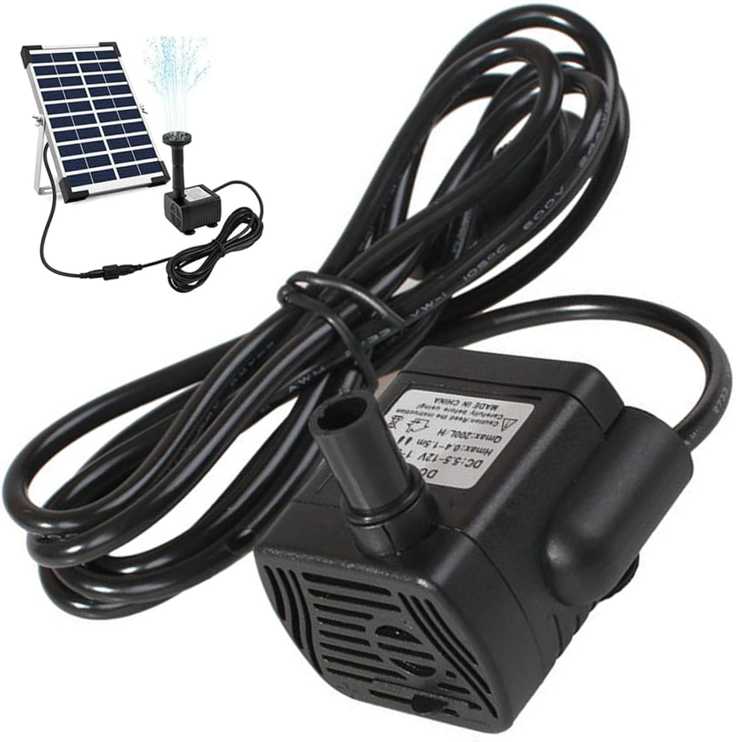 Solar Water Pumps 3W, DC 5.5V-12V Mini Solar Fountain Pumps with 300L/H Capacity and 4.9ft Spraying Distance, Quiet Waterproof Water Feature Pump for Aquarium and Garden, No Panel