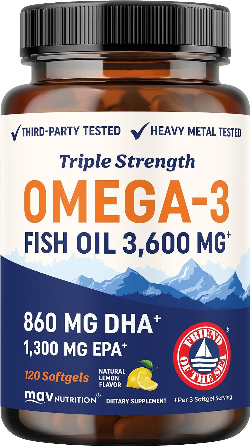 Triple Strength DHA Omega-3 Fish Oil 3600 mg | Over 2100mg Omega-3 Fatty Acids with 860 mg of DHA | 1300mg EPA | Best Essential Fatty Acids | Premium Wild Caught & Burpless Fish Oil | 120 Softgels