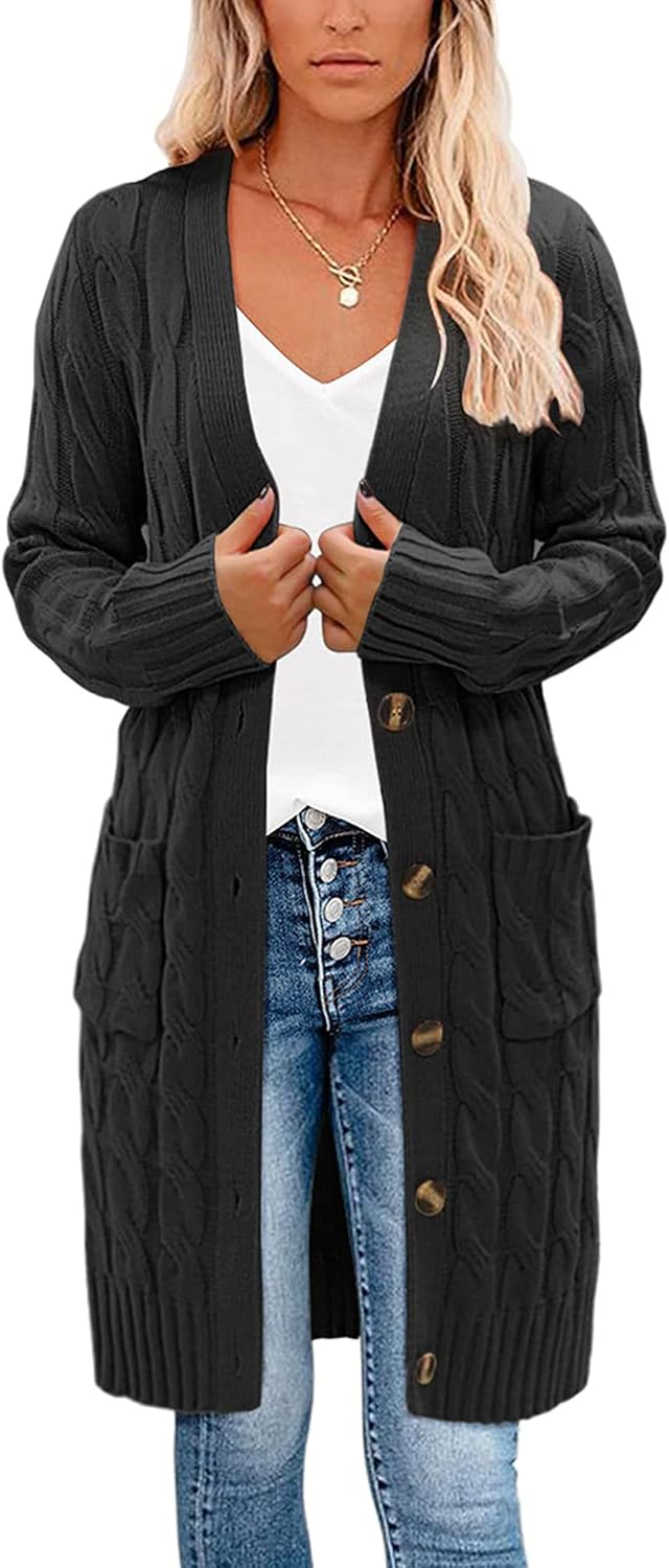 Earnmore Womens Long Cardigan Cable Knit Sweater, Long Sleeve Open Front Button Sweater Coats Outerwear with Pockets for Fall Winter