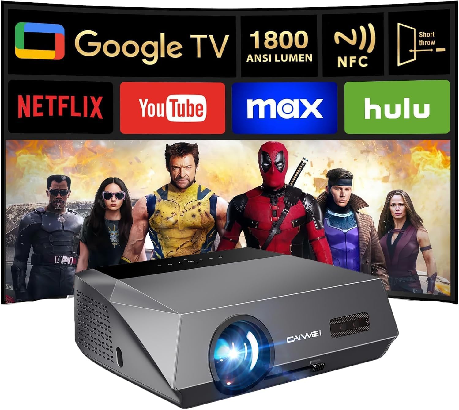 Daytime Projector 4K 1800 ANSI Ultra HD Smart Daylight Projector with Google TV, ToF CMOS Auto Focus, 1.2 Short Throw, Dolby, Bluetooth WiFi6 for Bright Room, Home Theater, Outdoor Movie Ceiling Mount