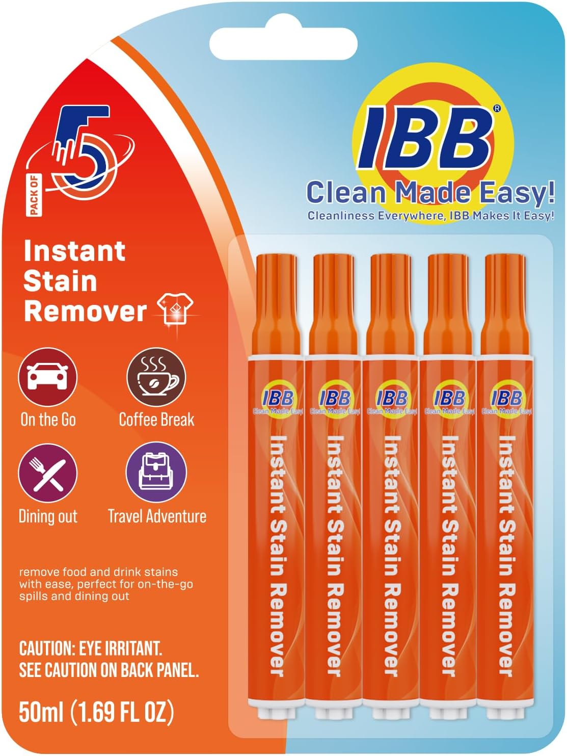 IBB Powerful Stain Remover for Clothes, Instant Spot Cleaning for All Laundry Tough Stains, Travel-Friendly & Portable Stain Remover Pen, Effective Stain Sticks, 5 Count