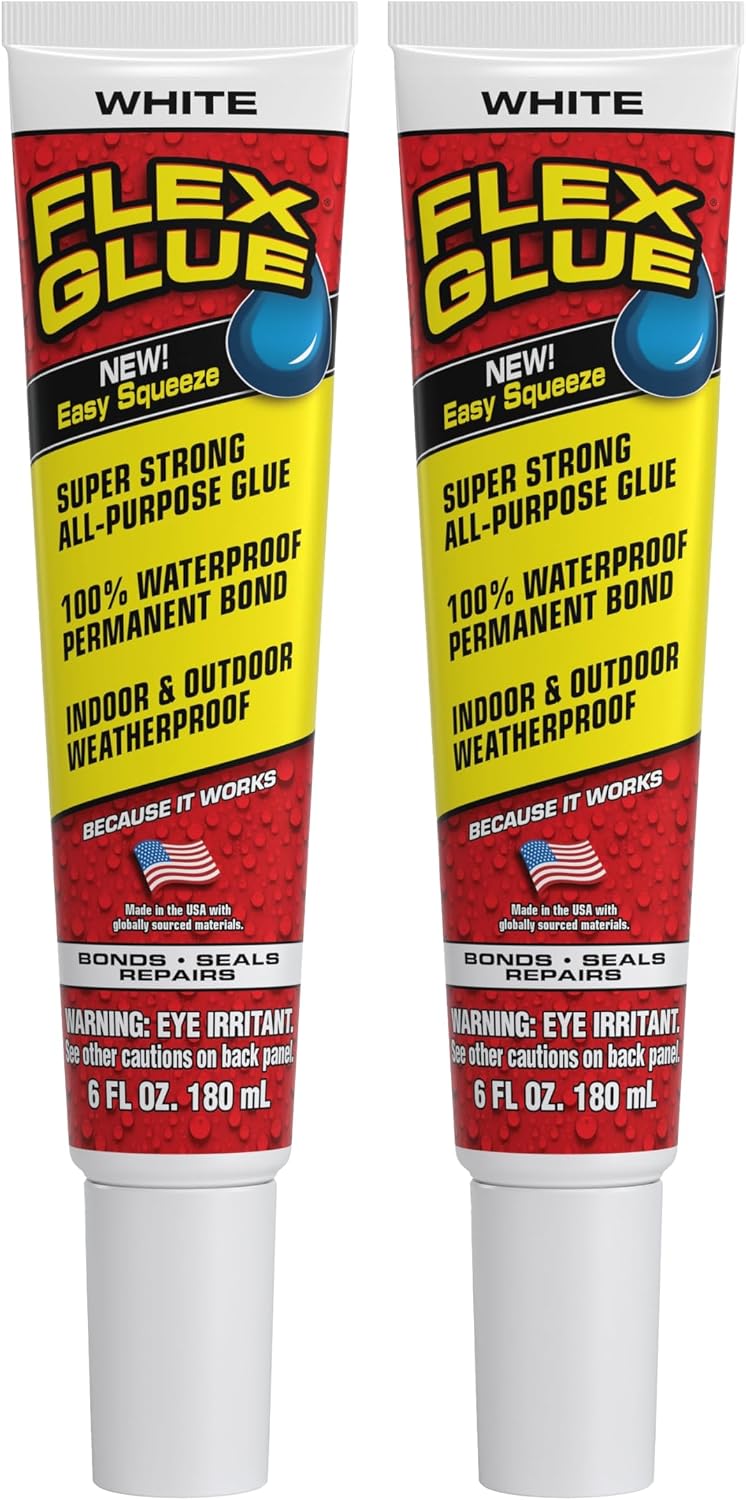 Flex Glue, Super Strong, Rubberized Waterproof Adhesive, Works Underwater, Use on Pools, Showers, Outdoors, Concrete, Brick, Pavers, UV Resistant, 6 oz Squeeze Tube, White, 2-Pack