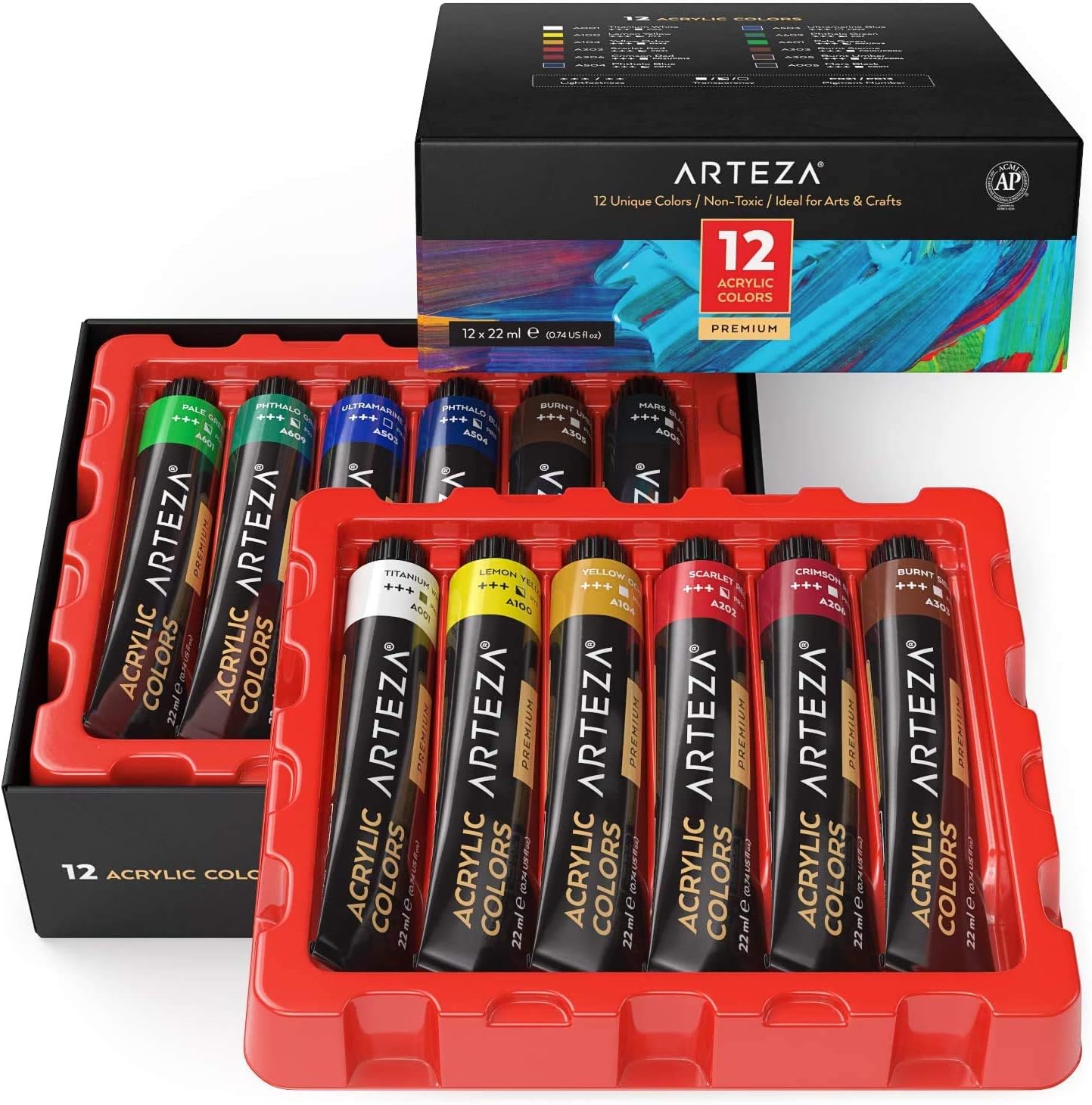 ARTEZA Acrylic Paint Set of 12 Colors, 0.74 Ounces Tubes, Non-Toxic Acrylic Artist Paints. Art Supplies for Painting