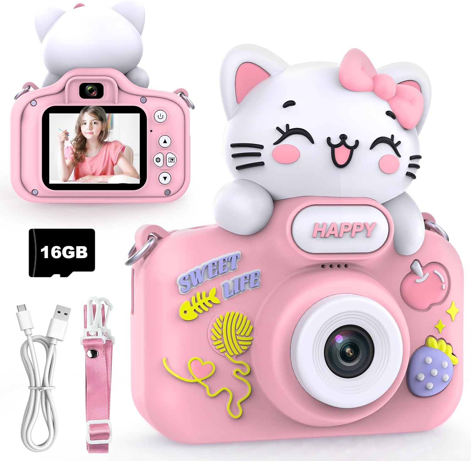Kids Camera for Girls and Boys,1080P 8X Digital Zoom Camera for Kids Age 3 4 5 6 7 8, 48MP Dual Lens Toddler Cameras for Christmas Birthday Gifts with Silicone Case & 16GB TF Card,Pink