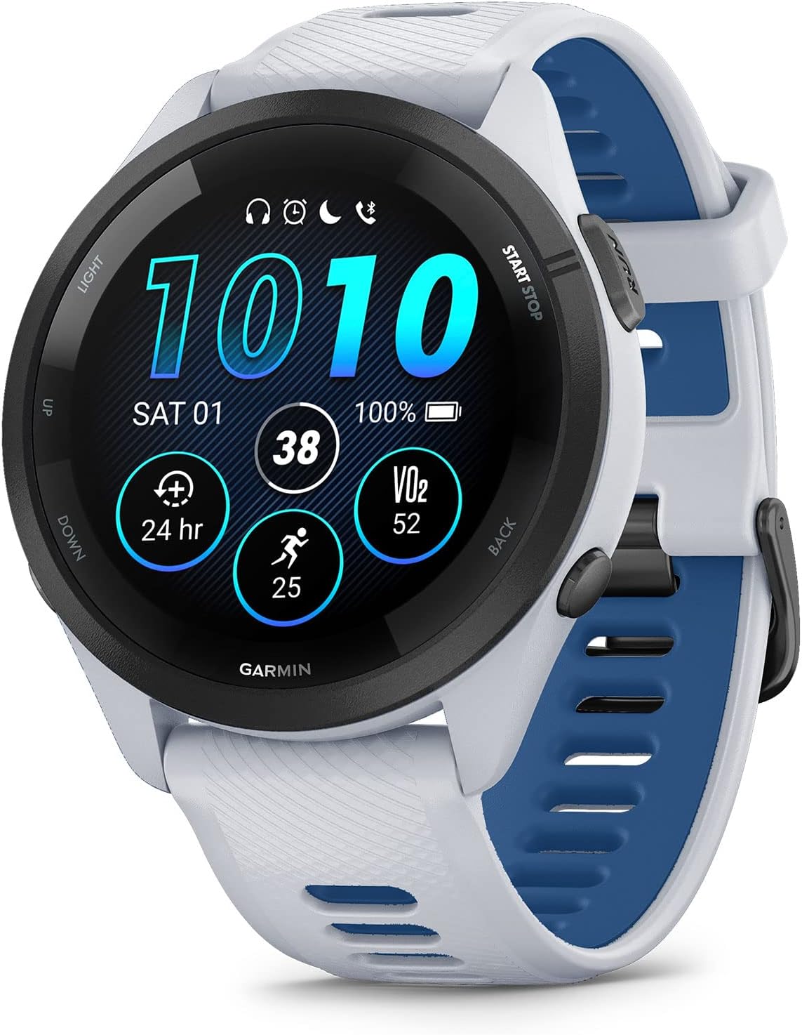 Garmin Forerunner® 265, Running Smartwatch, 46mm, Whitestone/Tidal Blue | Advanced Training Metrics & Recovery Insights, Music On Your Wrist, Garmin Coach, Daily Suggested Workouts