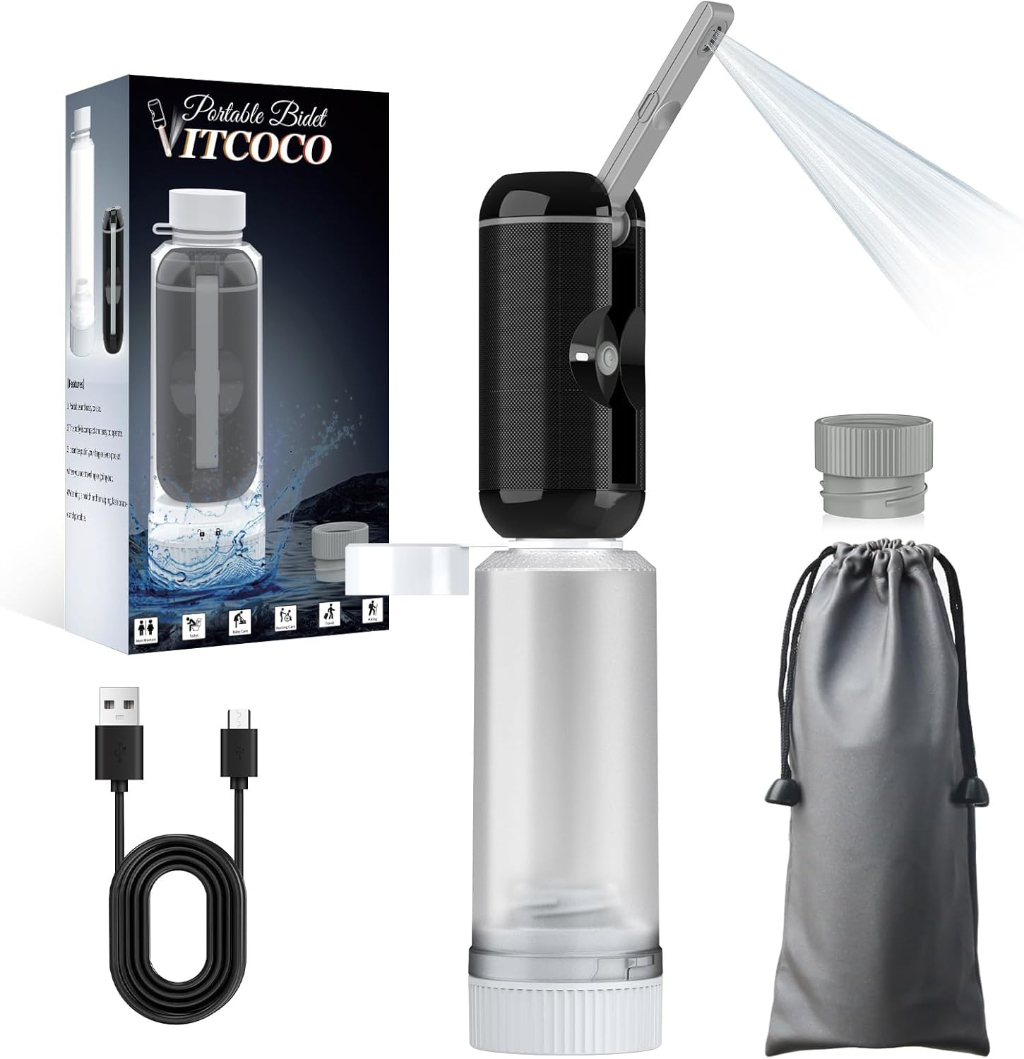 Portable Bidet for Travel, VITCOCO Rechargeable Electric Travel Bidet Sprayer with Adaptor, Waterproof High Pressure Handheld Bidet for Women Men Baby Cleaning