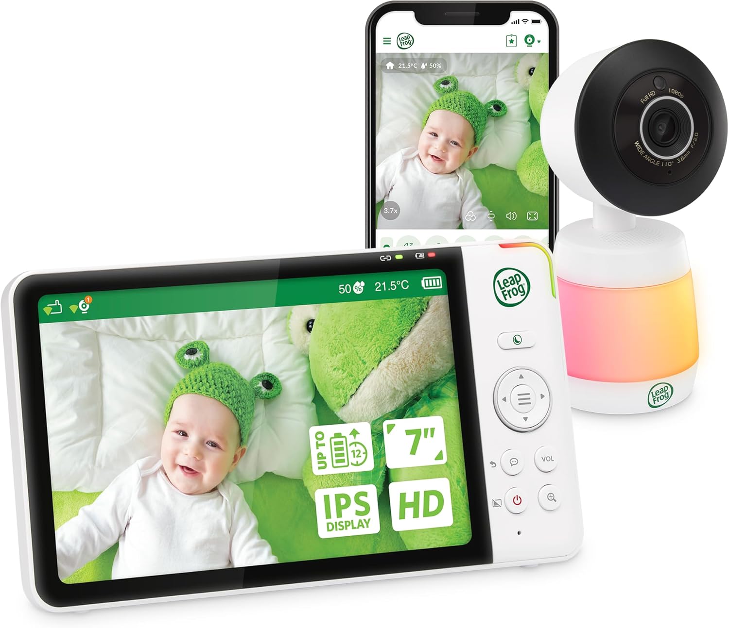 Leapfrog LF3917HD Smart WiFi Video Baby Monitor with Camera & Audio,Remote Camera Pan-Tilt-Zoom,7" HD 720p Display,110 Wide-angle view,Color Night Vision,Adaptive Touch Color Night Light,Two way talk