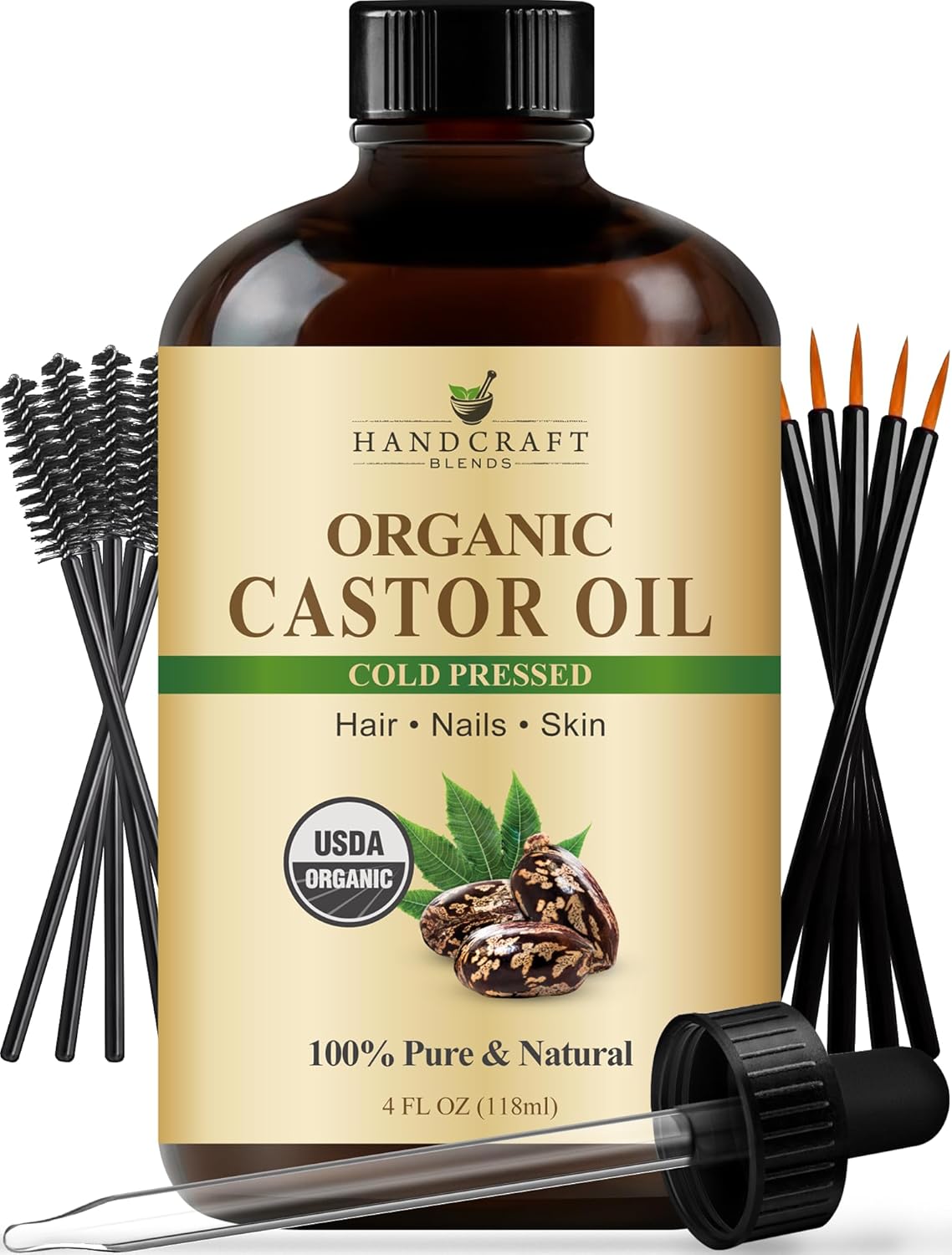Handcraft Blends Cold-Pressed Organic Castor Oil in Glass Bottle with Lash Brushes - 4 Fl Oz - 100% Pure and Natural - Premium Grade Carrier Oil for Hair Growth, Eyelashes and Eyebrows - Hair and Body