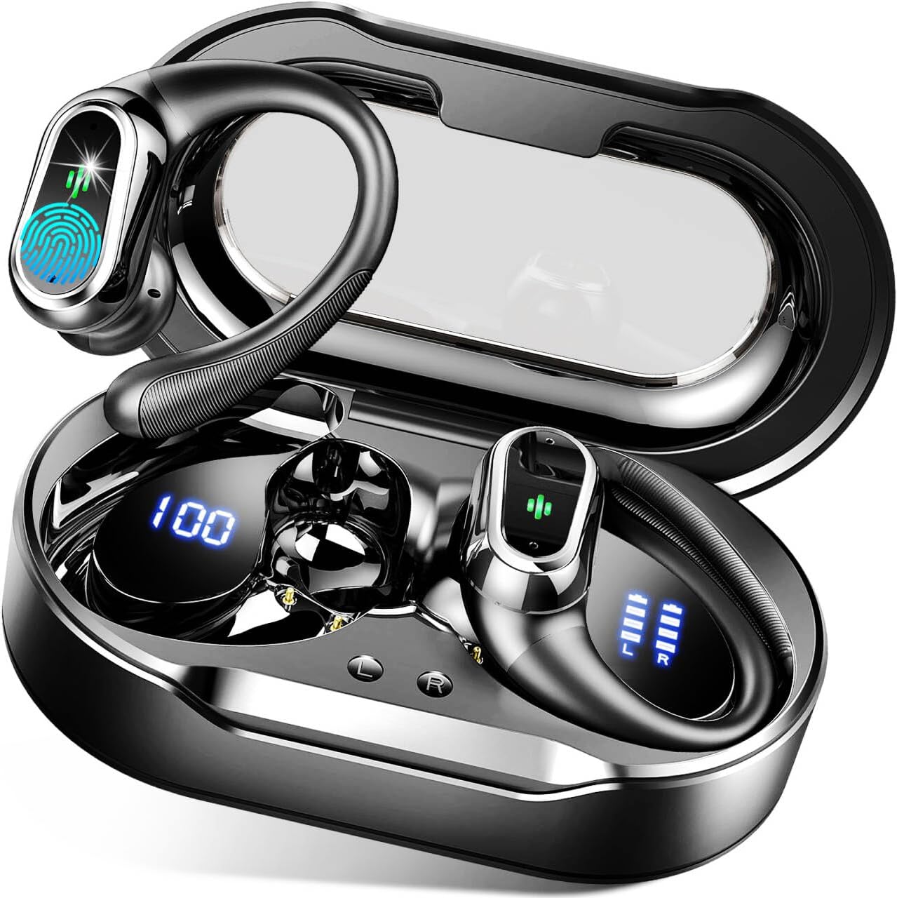 Wireless Earbuds, 2025 Bluetooth 5.4 Headphones Sport, Bluetooth Earbuds with ENC Noise Canceling Mic, 50H Stereo Wireless Headphones IP7 Waterproof with Earhooks, Dual LED Display for Workout/Running