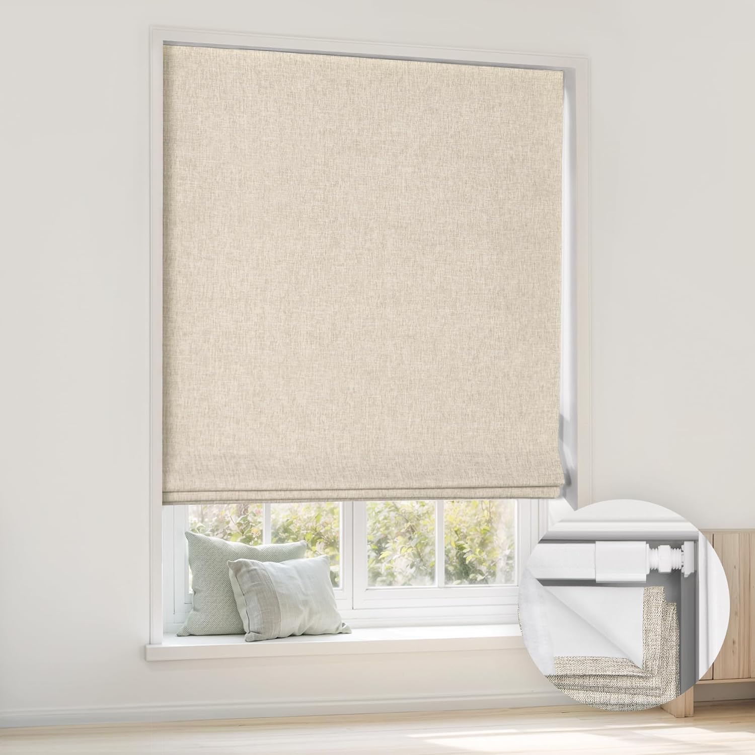 LazBlinds No Tools No Drill Cordless Roman Shades for Windows, Blackout Thermal Insulated UV Blocking Window Blinds, Room Darkening Fabric Blinds for Indoor Windows, 35'' W x 64'' H, Beige