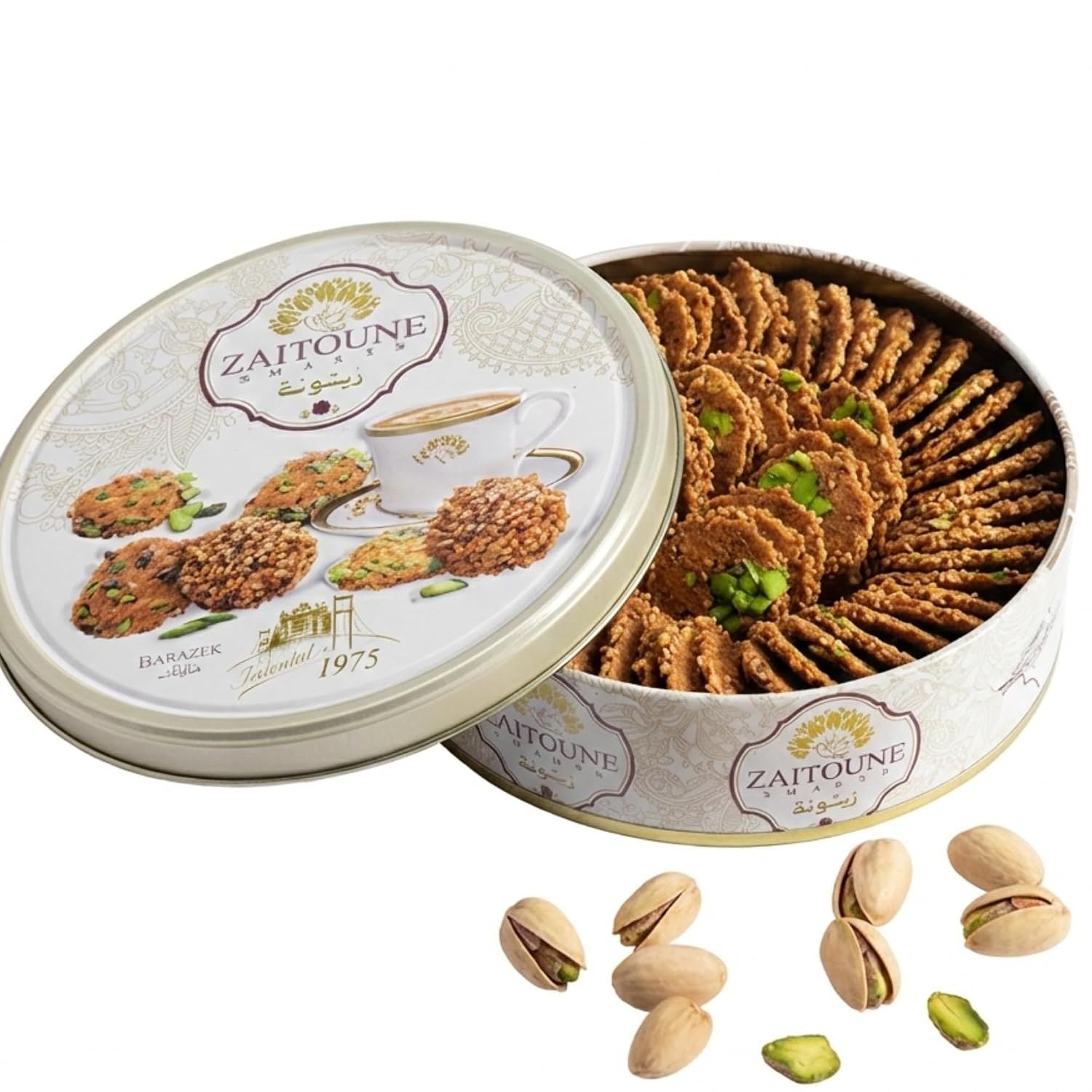 Zaitoune Barazek Cookies - 250 g | Luxurious Crunchy Sesame & Pistachio Biscuits Handcrafted in Turkey | Beautiful Reusable Gift Tin | Perfect for Coffee or Tea | Great Ramadan Sharing Present