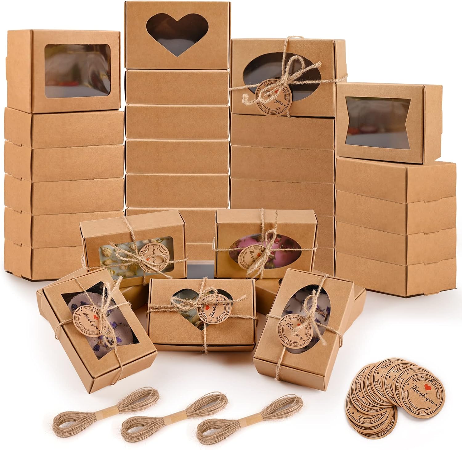 Moukiween 32 PCS Kraft Soap Boxes for Homemade Soap, 3.54 X 2.36 X 1.18 Inch Soap Packaging Gift Boxes with Window, Small Rectangular Soap Wrapping Boxes (Brown)