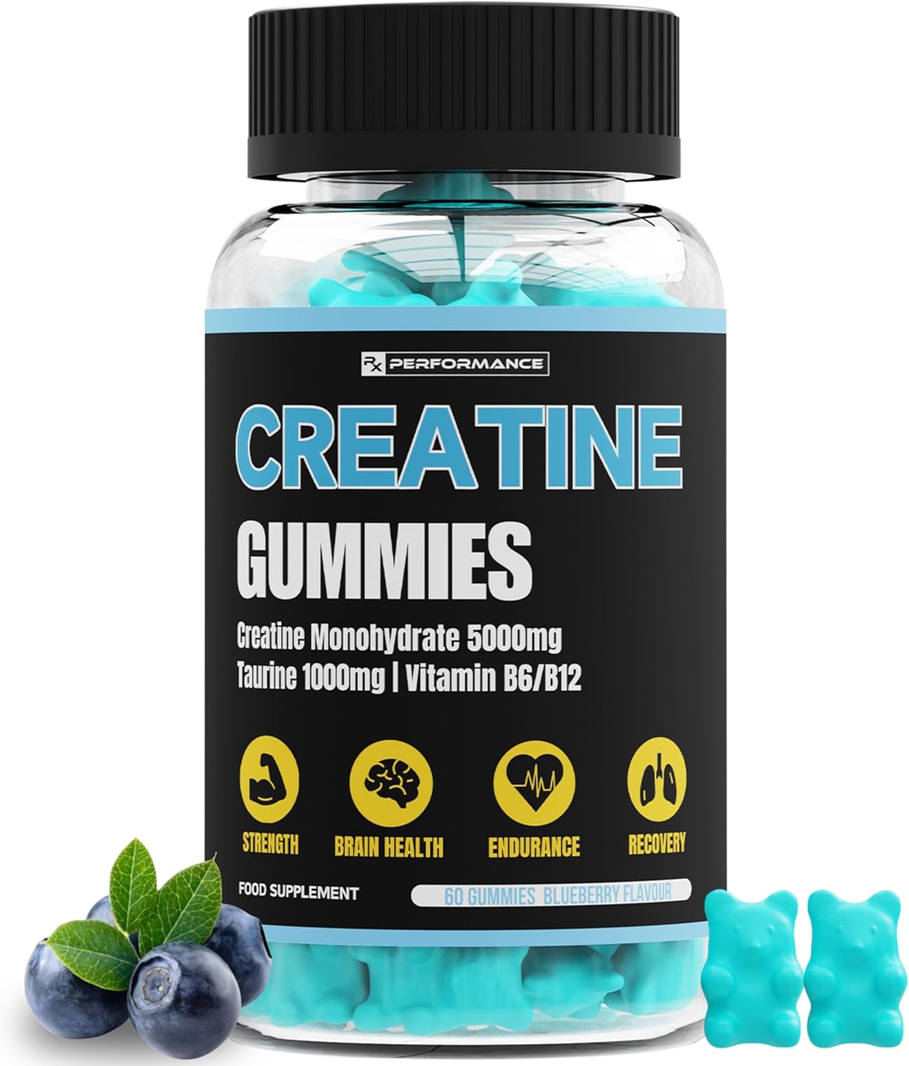 Creatine Gummies 5000mg for Men & Women Creatine Monohydrate Plus B12 and L-Taurine, Blueberry Flavour Chewable Gummies, Sugar-Free & Vegan for Enhanced Performance & Recovery 1 Month Supply