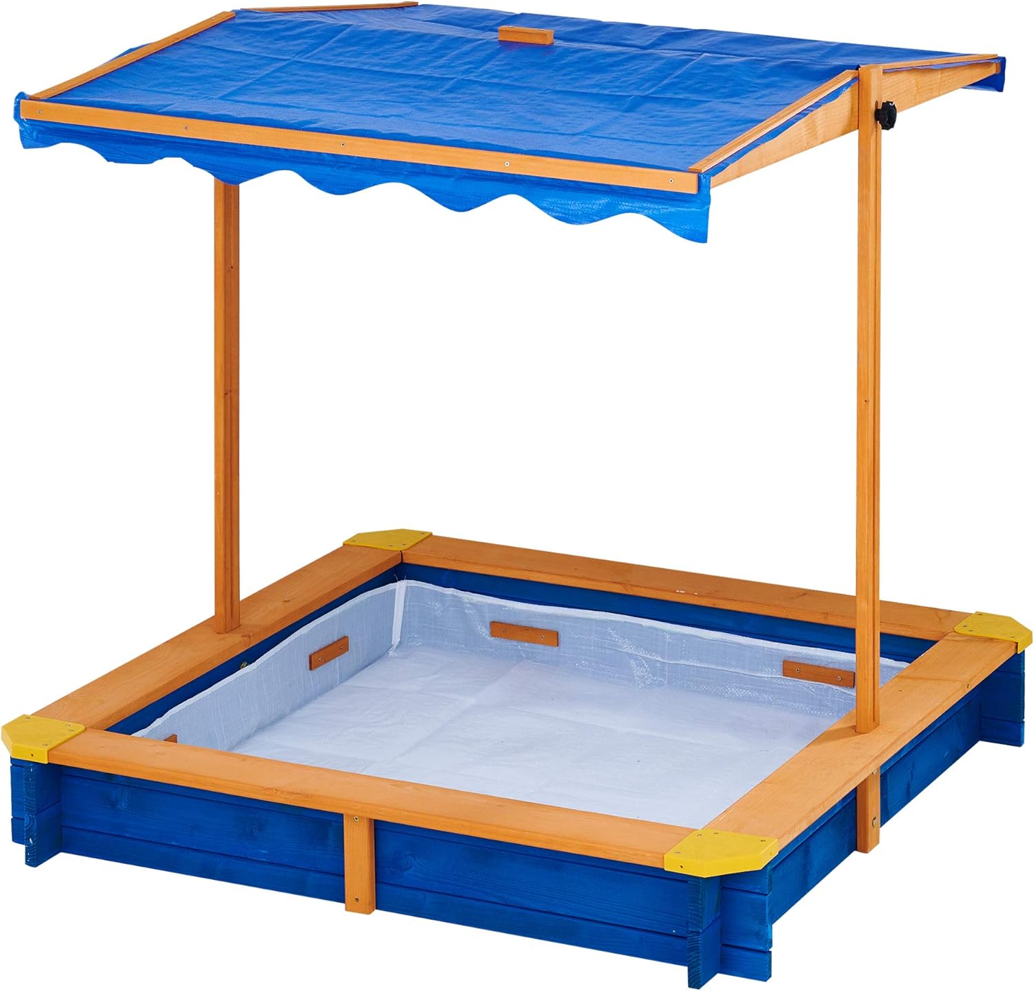 Teamson Kids Wooden Sand Pit with Lid, Large Outdoor Sand Box with Rotatable Canopy Cover for Outdoor Garden, Adjustable Height, Sandbox for Children